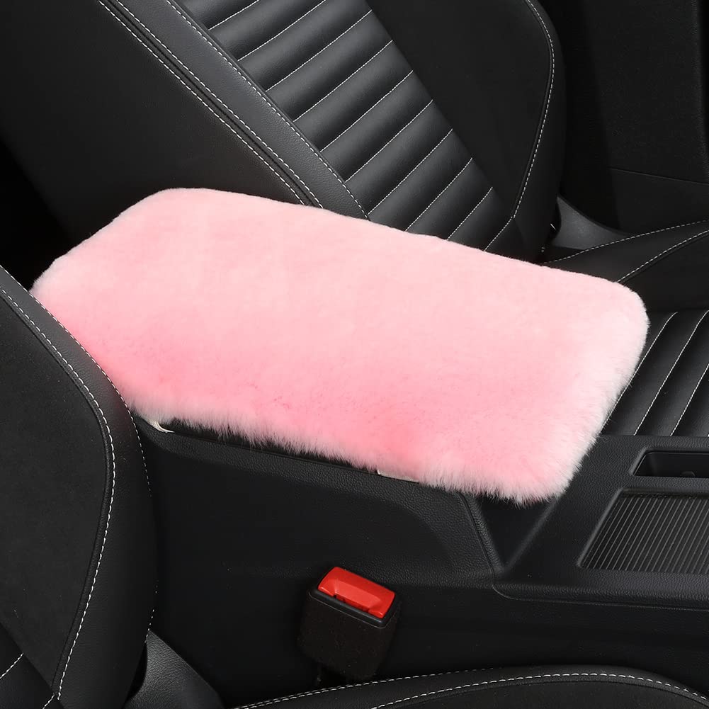 Iriwool Sheepskin Armrest Cover Auto Center Armrest Cover Car Soft Console Pad, Fluffy Wool Auto Center Console Cover For Most Car Arm Rest Decoration Protector 7 X 13 Inch (Shearling, Pink)