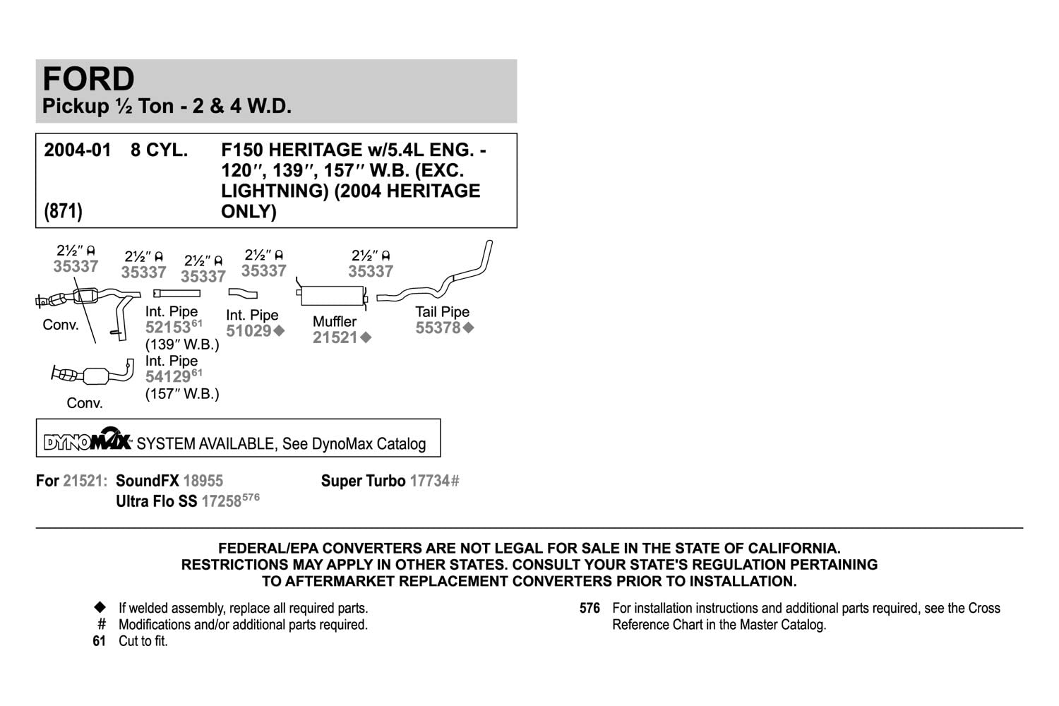 Walker 55378 Exhaust Tail Pipe 2.5 Inlet (Od) For Ford F-150