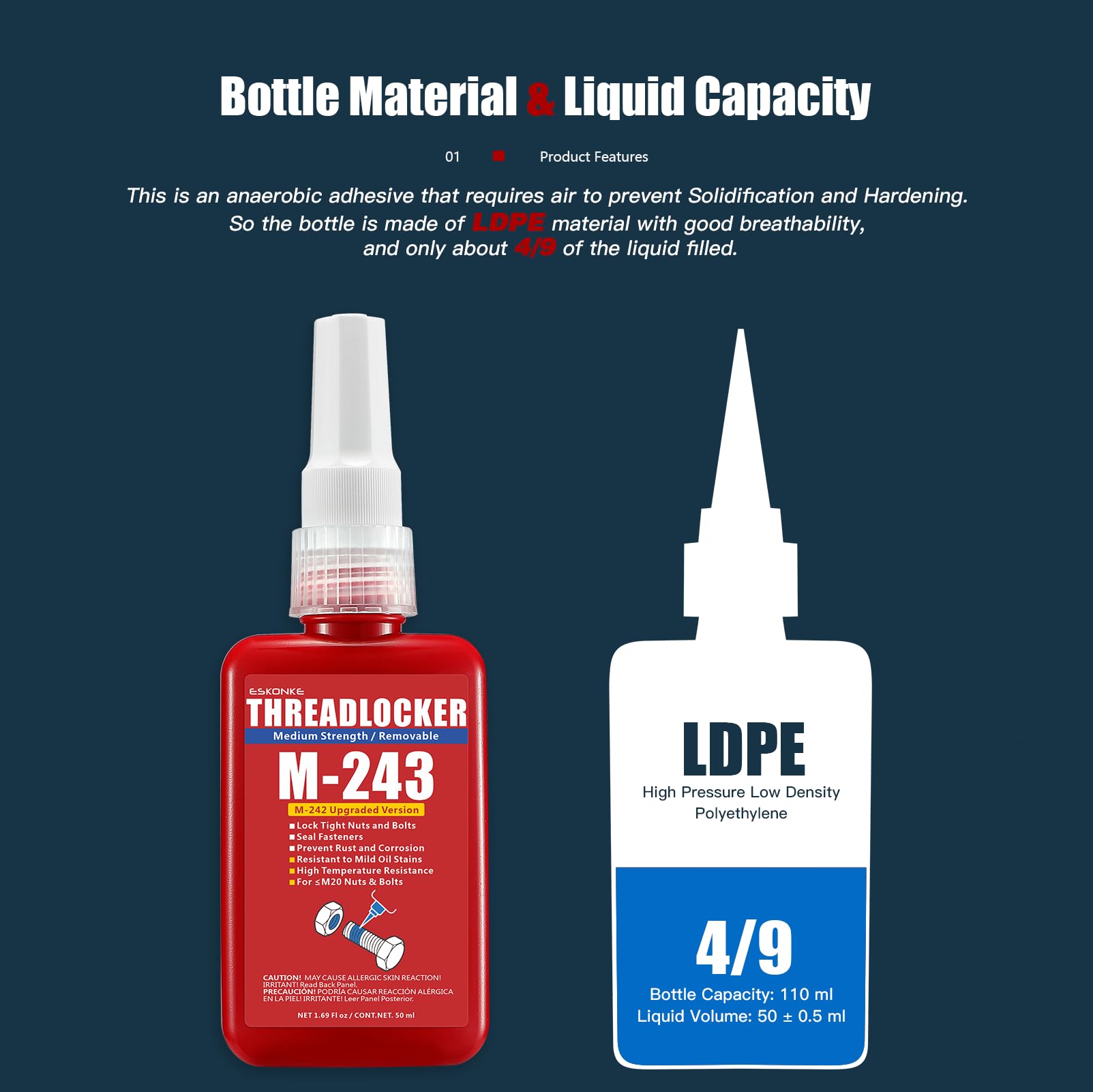 Eskonke Blue Thread Locker 243 Nuts & Bolts Locker Medium Strength Removable 1.69 Fl Oz Threadlocker Lock Tight & Seal Fasteners