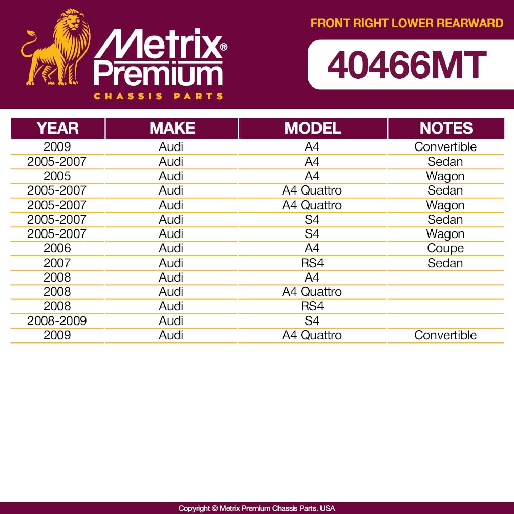 Metrix Premium Chassis Parts - Front Right Lower Rearward Control Arm W Ball Joint & Bushing Assembly Fits 05-09 Audi A4, 05-09