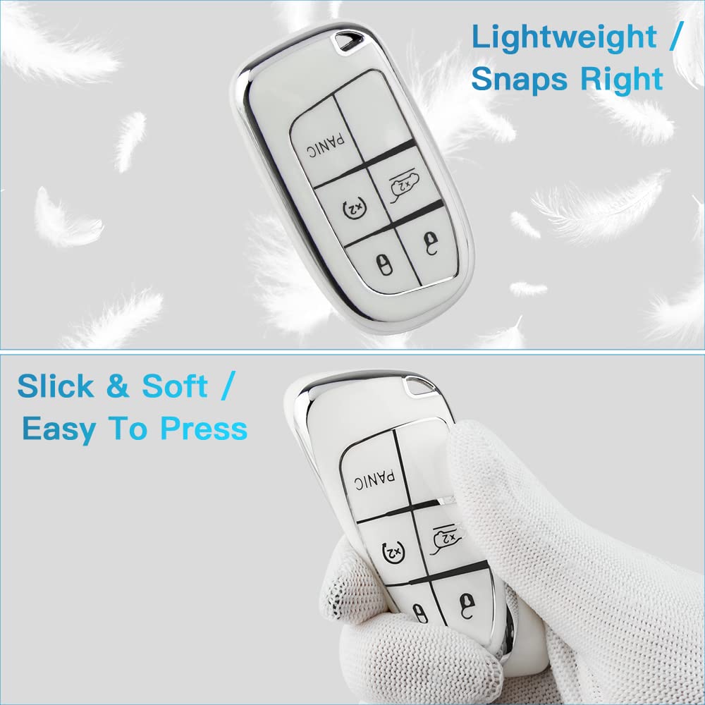 1797 For Jeep Dodge Key Fob Cover Challenger Charger Durango Journey Grand Cherokee Compass Renegade Car Remote Key Case Shell Protector 5 Button White Silver Tpu