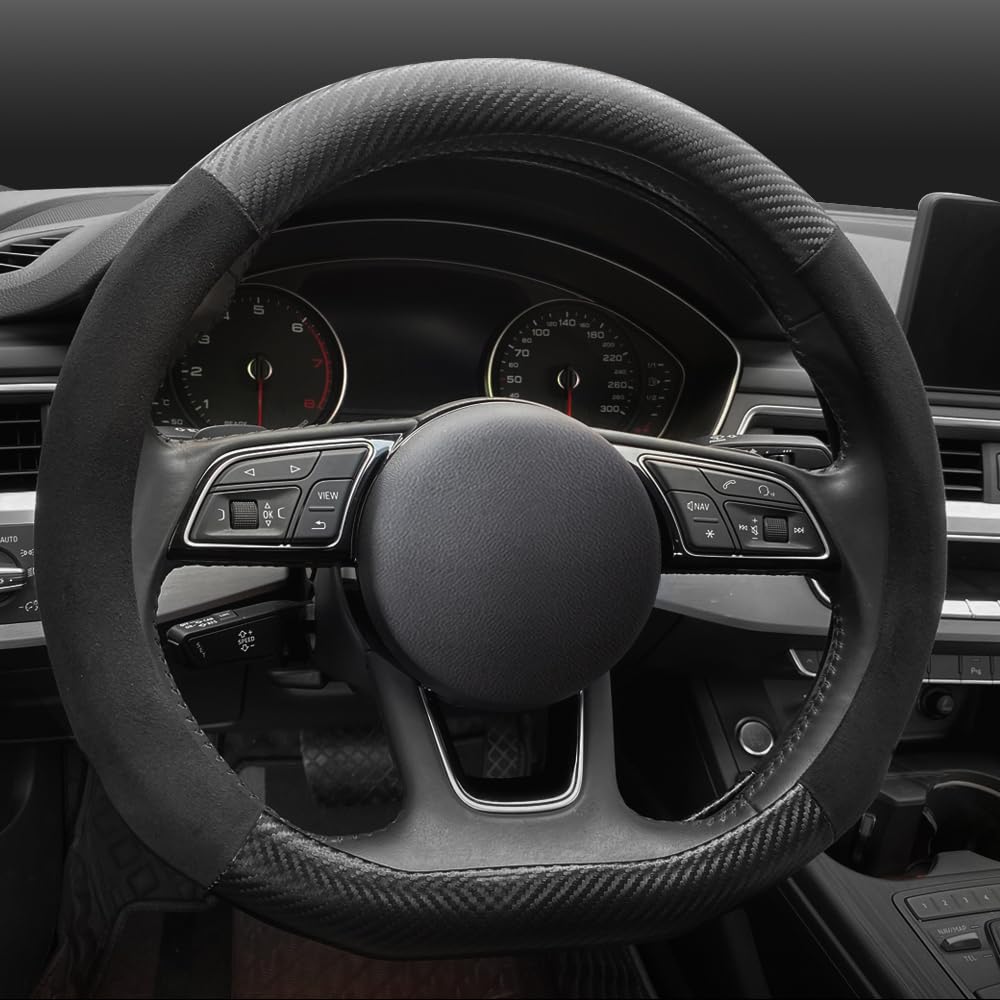 Carodi Suede Carbon Fiber Steering Wheel Cover - Non-Slip Leather, Fits Most Cars (15-Inch, Black, D-Shape)