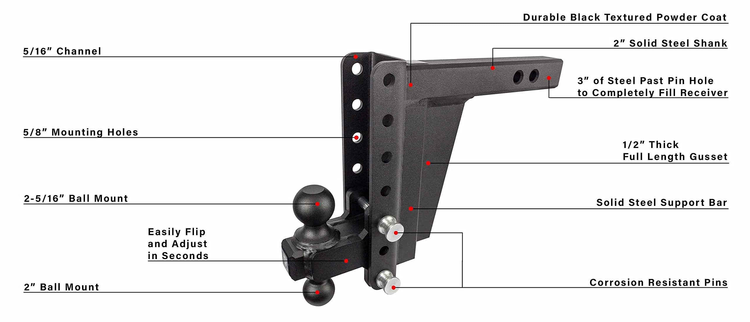 Bulletproof Hitches 2.0'' Adjustable Extreme Duty (30,000Lb Rating) 8'' Drop/Rise Trailer Hitch With 2'' And 2 5/16'' Dual Ball