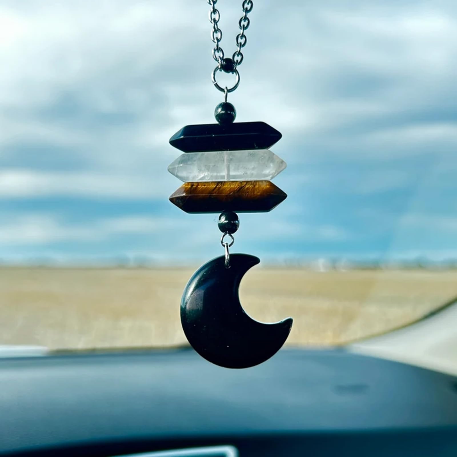 Moon Crystal Hanging Car Charm,Cute Healing Stones Car Decor For Rear View Mirror,Boho Handmade Sun Catcher Ornament Accessories