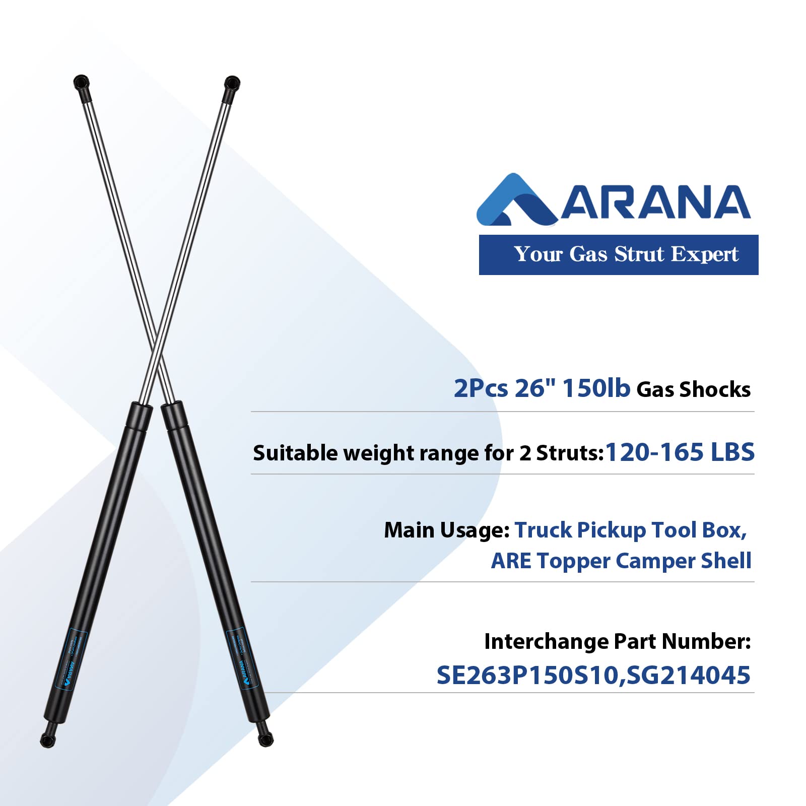 Arana Se263P150S10 26 Inch 150Lb Gas Struts Spring Shocks Sg214045 26'' 150Lb Lift Support For Truck Bed Tonneau Cover Tailer Do