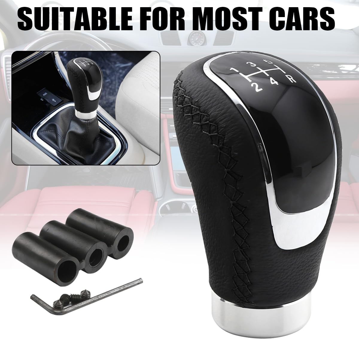 Osilly 5 Speed Shift Knob, Weighted Manual Gear Shifter Knobs, Leather Gear Shifting Handle, Automotive Manual Universal Transmission, Interior Automatic Replacement Parts (Black)