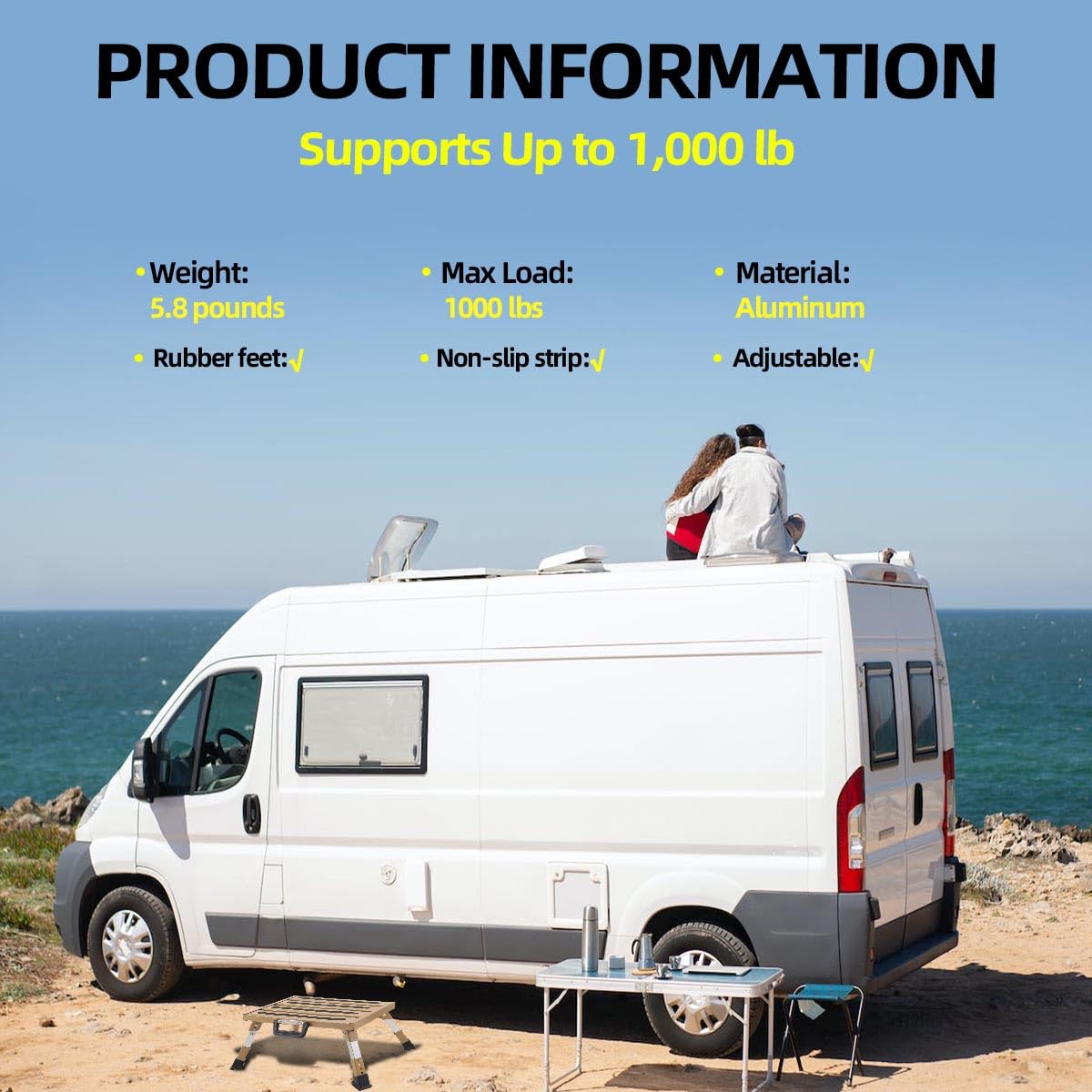 GarfatolRv RV Steps Aluminum Adjustable Stable Step with Portable Handle Supports Up to 1000 lb(Gold)