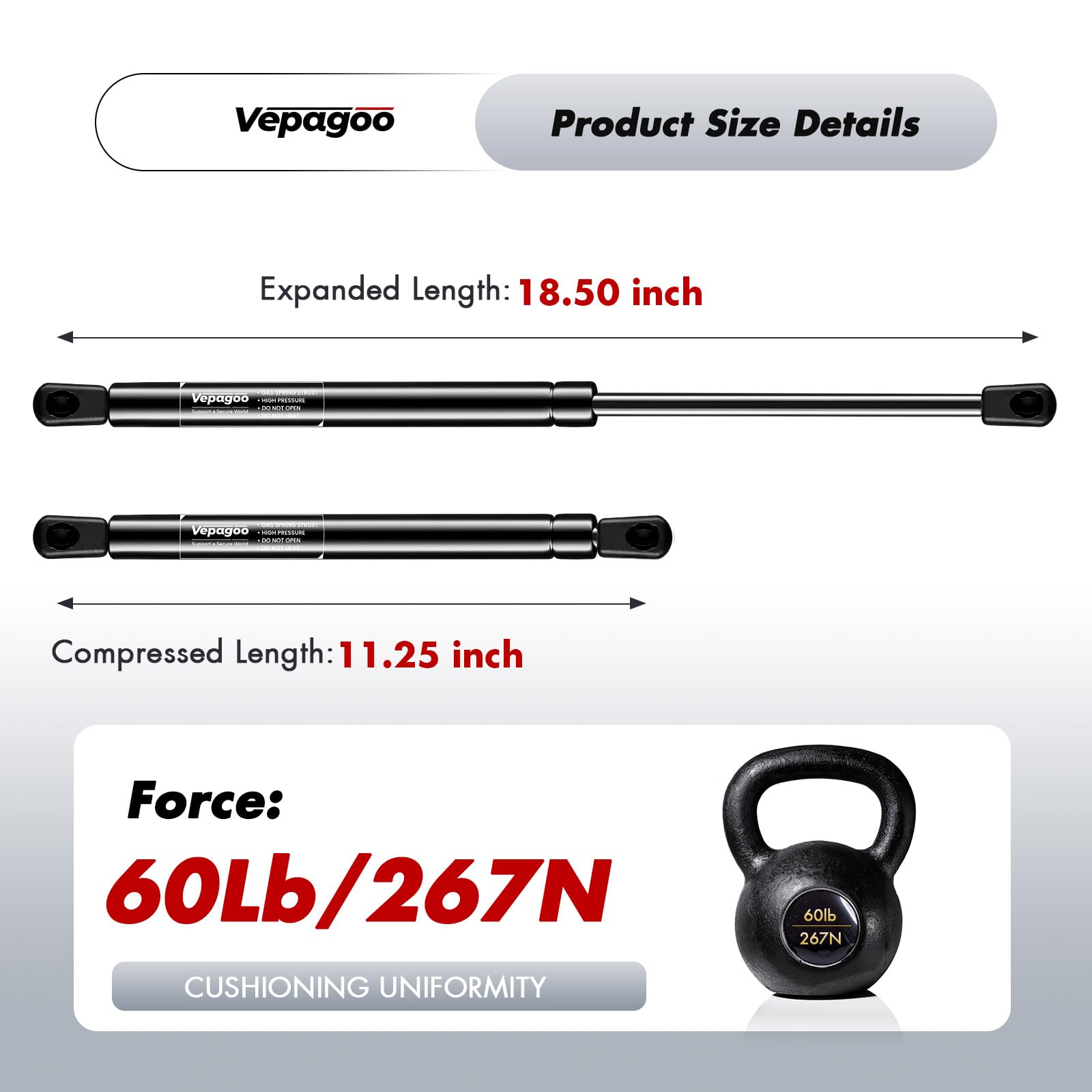 Vepagoo 18.5 inch 60Lb/267N Gas Struts Shocks Sping are LEER Snugtop Camper Topper Shell Rear Window Lift Support Truck Canopy C