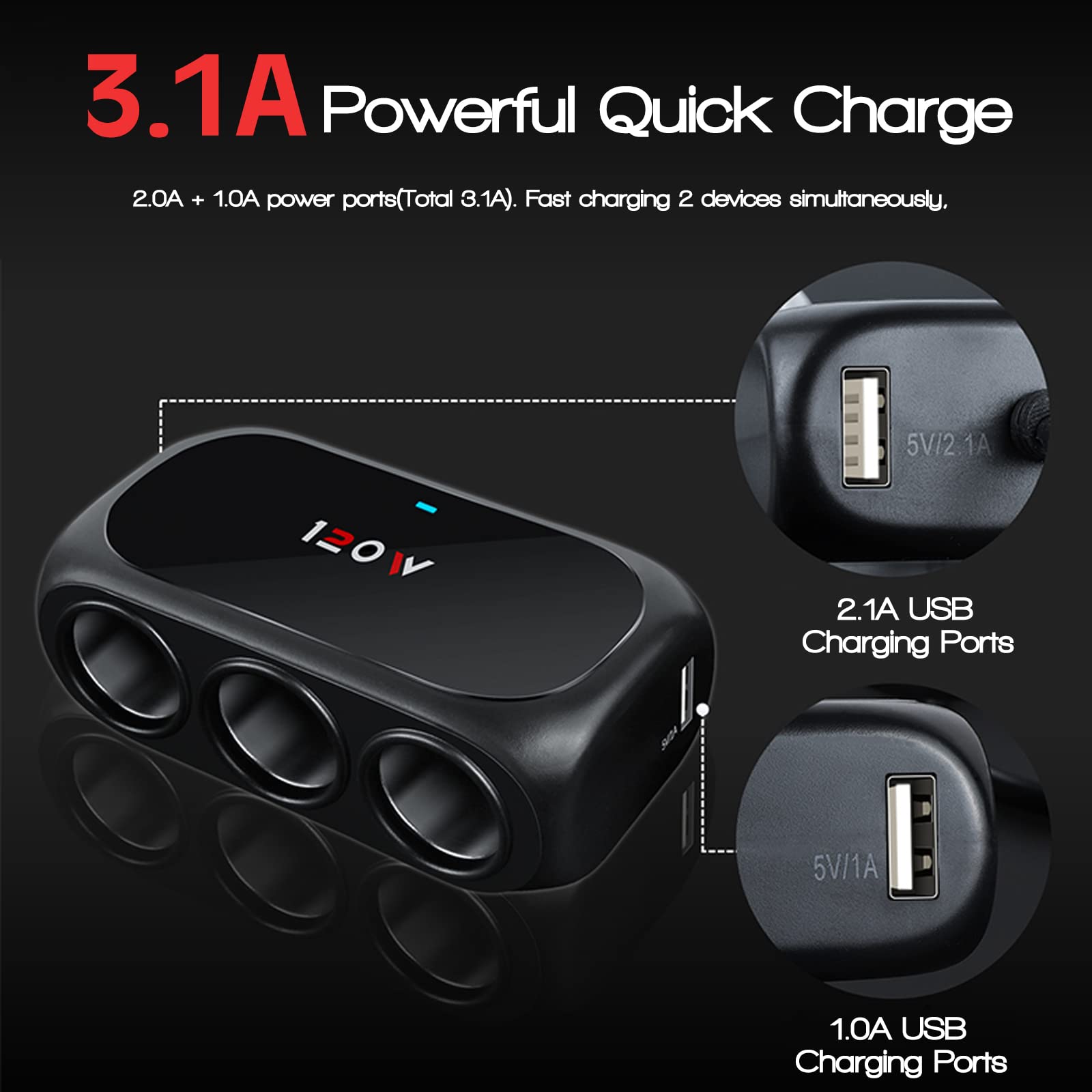 3-Socket Car Cigarette Lighter Splitter Adapter, 2 Usb Splitter Extender [120W] [12V/24V] [3.1A Dual Usb Car Charger] [Black] For Device With Emergency Warning Light