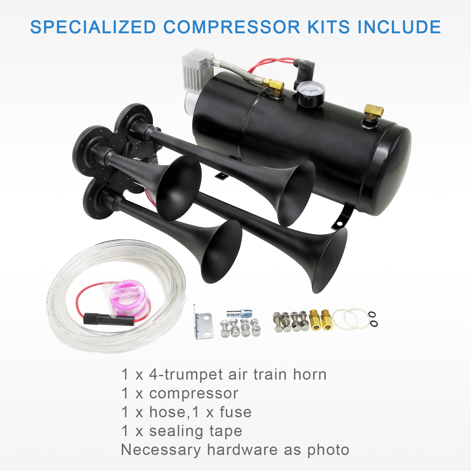 150Db 4 Trumpet Train Horns Kit Super Loud Air Horn With 150 Psi 12V Air Compressor Air Horn Compressor Tank For Any Vehicle Tru