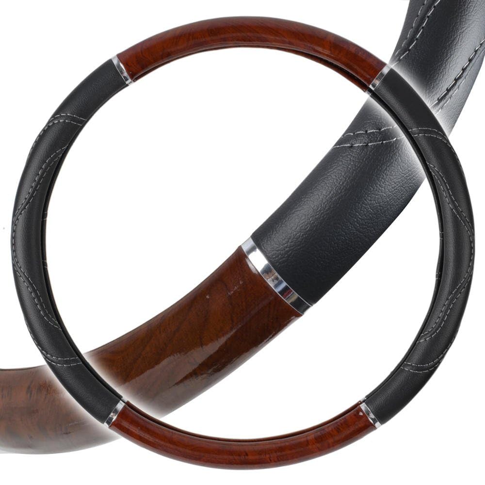 Bdk Black/Dark Wood Grain Soft Leather Grip Big Rig Steering Wheel Cover For Trucks 18'' Inch Large (Cherry Wood)