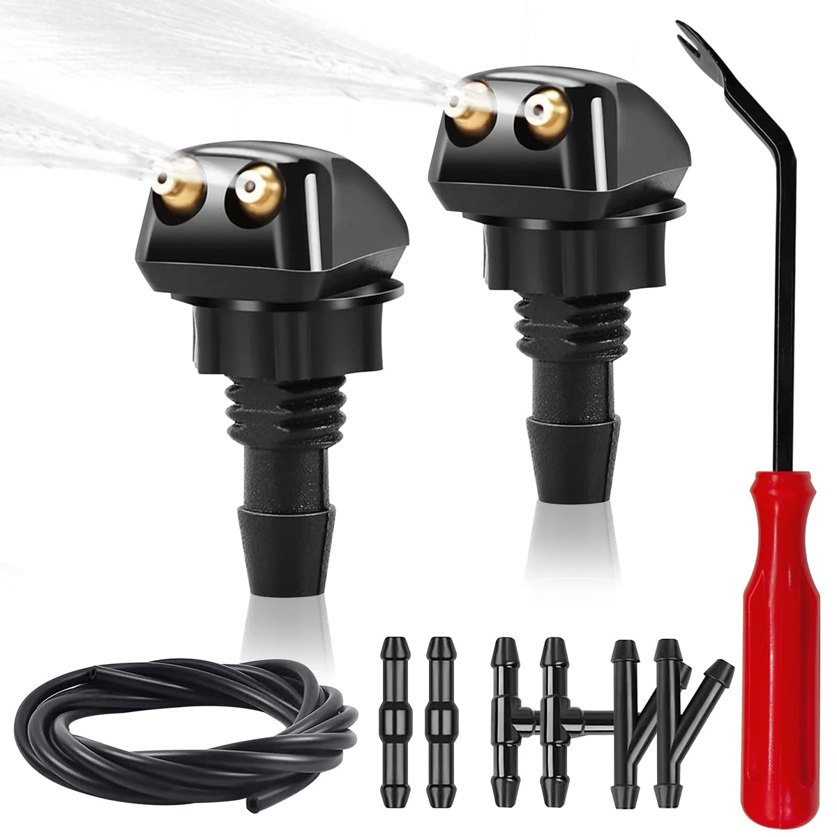 Xbrtaia 2 Pack Front Windshield Washer Nozzles Including Adapters And Hoses, Front Windshield Washer Nozzle Kit,Windshield Washe