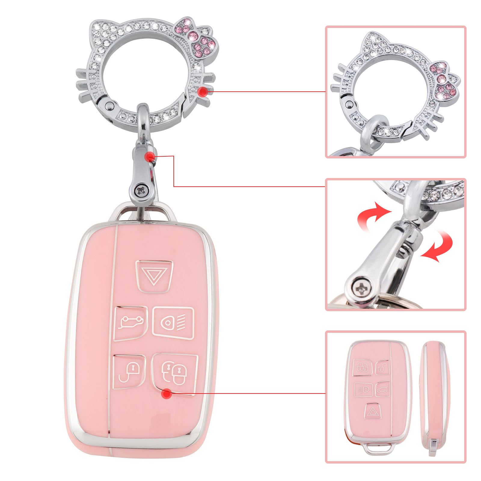 Pangpai Pink Key Fob Cover for Land Rover Jaguar, Soft TPU Key Case Protection with Bling Keychain Fit for Evoque Velar Sport Di