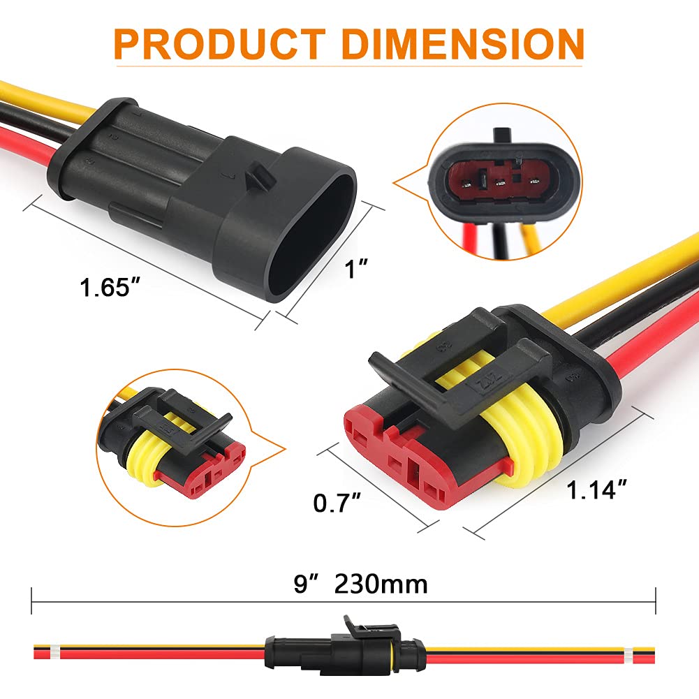 NAOEVO 3 Pin Connector Waterproof, 16 AWG 3 Wire Connectors, Automotive Electrical Connectors Male and Female Way With Heat Shri