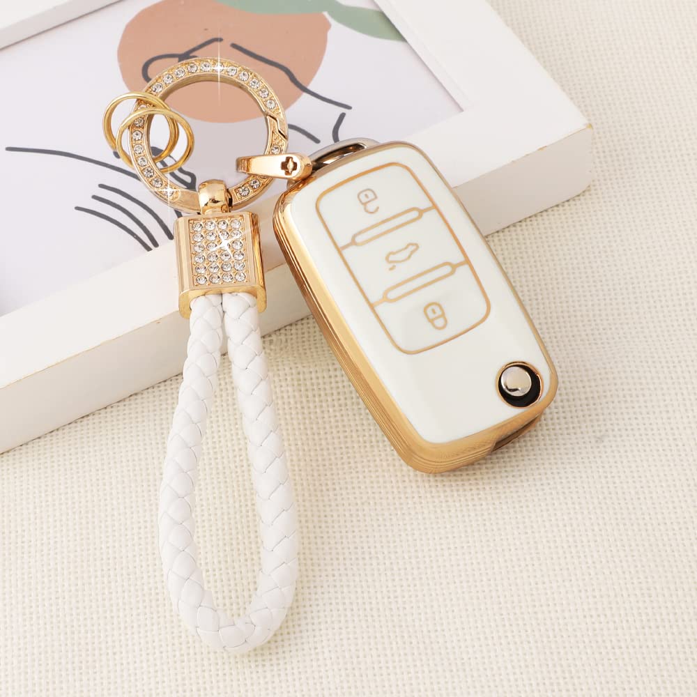 Pifoog Key Fob Cover For Volkswagen Vw 3 Button White Gold Tpu Soft Car Keys Shell Case Glitter Keychain Protector For Vw Beetle
