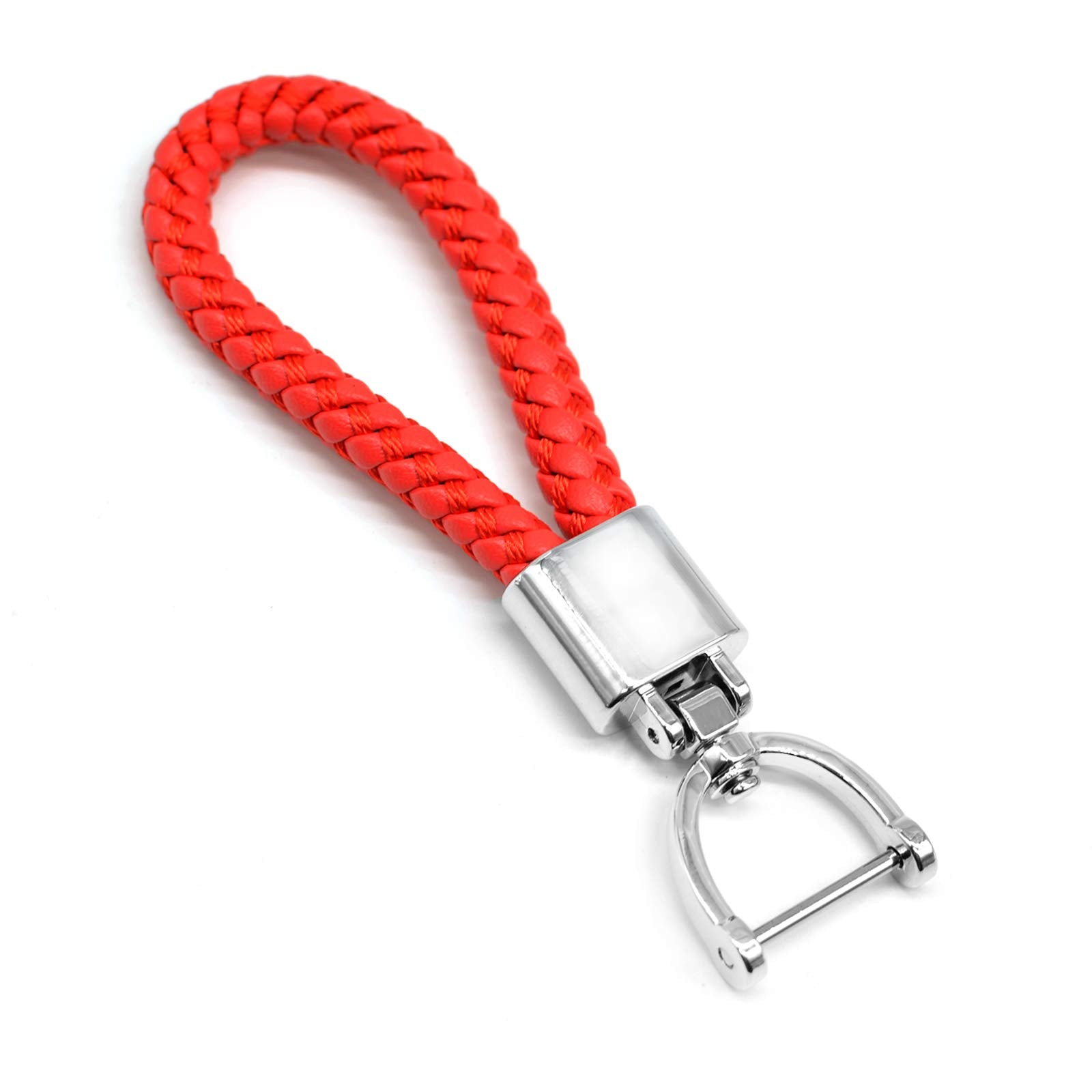 Feyoun Universal Red Leather Car Fob Keychain Metal Keyring Woven Strap Braided Rope Key Chain For Men And Women - Silver Color,