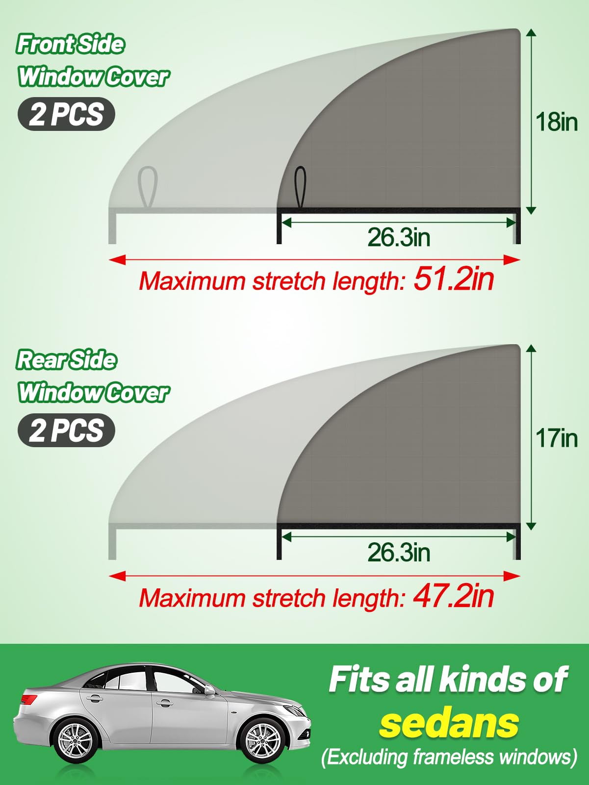 Car Window Shades for Sedan - 4 Pack Stretchy Sun Shade Mesh Side Car Window Screen Covers for Camping Family Baby Pet Anti-Mosq