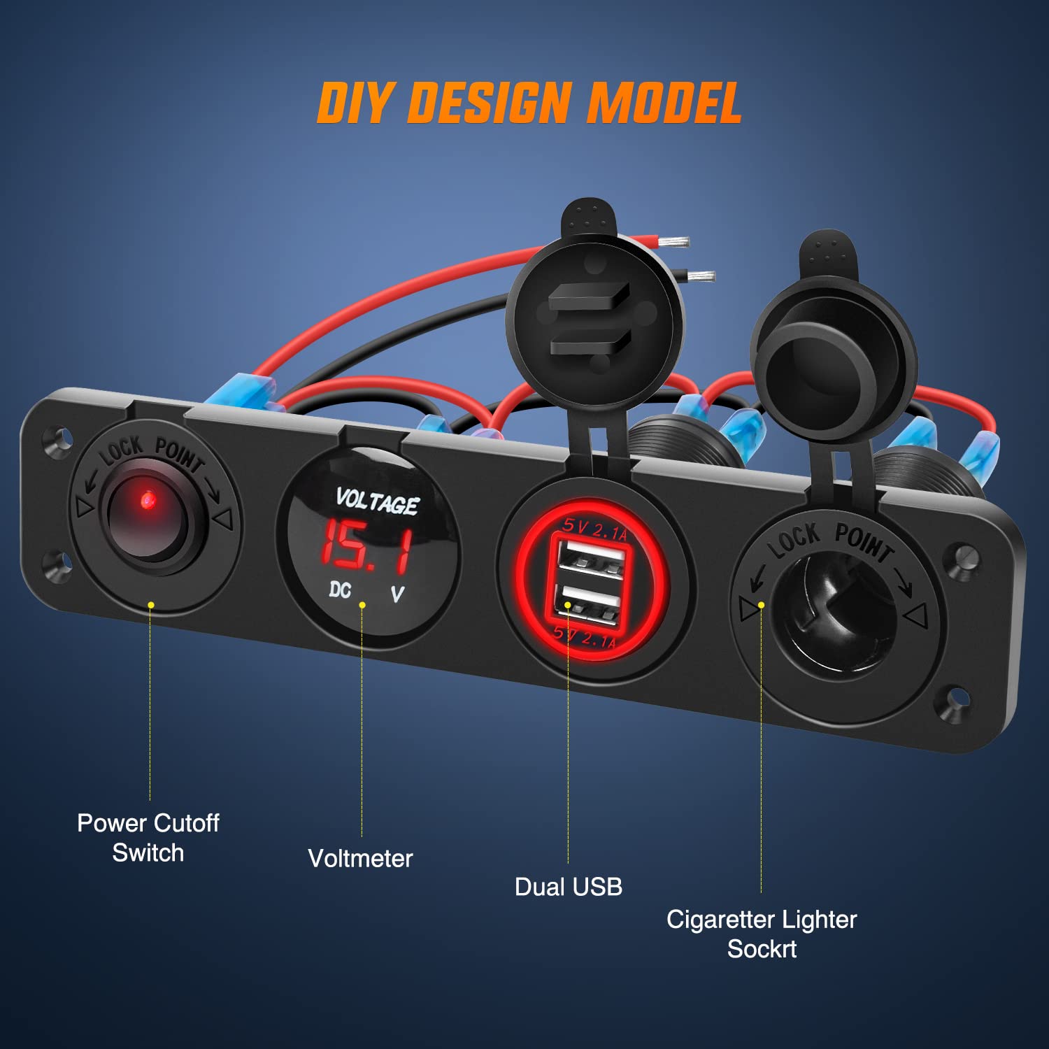 Nilight 4 In 1 On/Off Charger Socket Panel Dual Usb Power Outlet Led Voltmeter Cigarette Lighter Socket Lighted On Off Rocker To