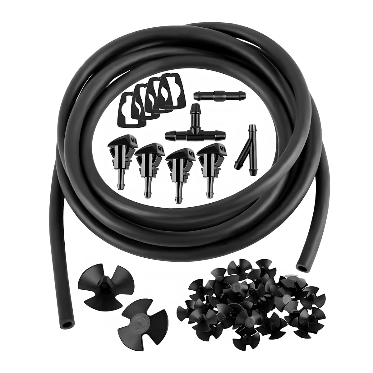 Auceli Windshield Washer Hose Kit, 3 Pcs Hose Connectors, 4 Fan Nozzles, 2M Washer Fluid Hose, 4 Rubber Gaskets, Connect Car Wat