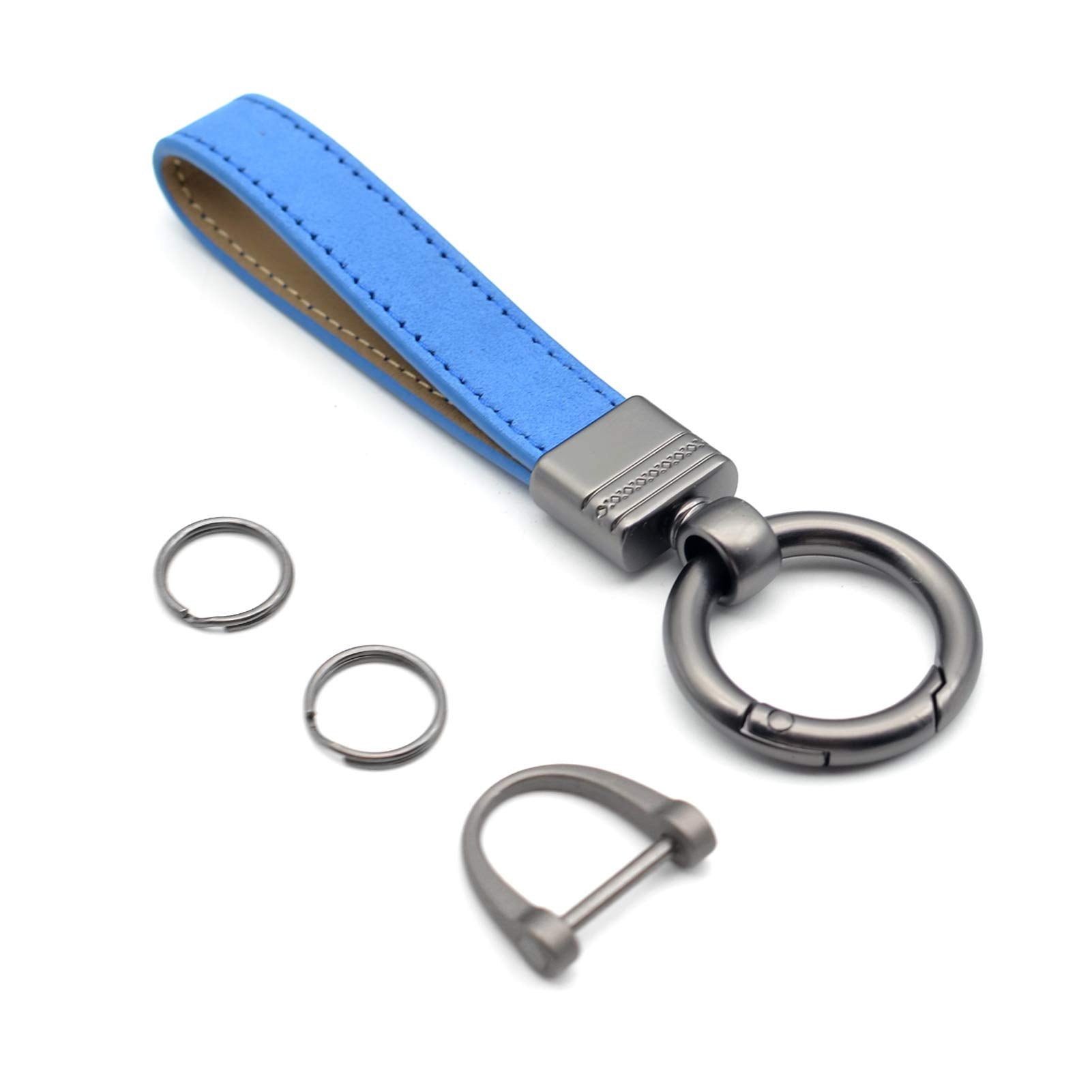 Car Fob Key Chain Genuine Leather Keychains Holder For Men And Women, 360 Degree Rotatable, With Anti-Lost D-Ring, Circle Carabiner And Key Rings, Blue