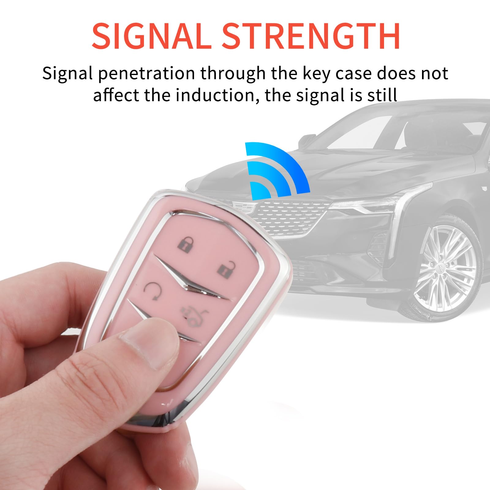 Pangpai Pink Key Fob Cover for Cadillac, Soft TPU Key Case Protection with Bling Keychain Fit for Cadillac Escalade CTS SRX XT5