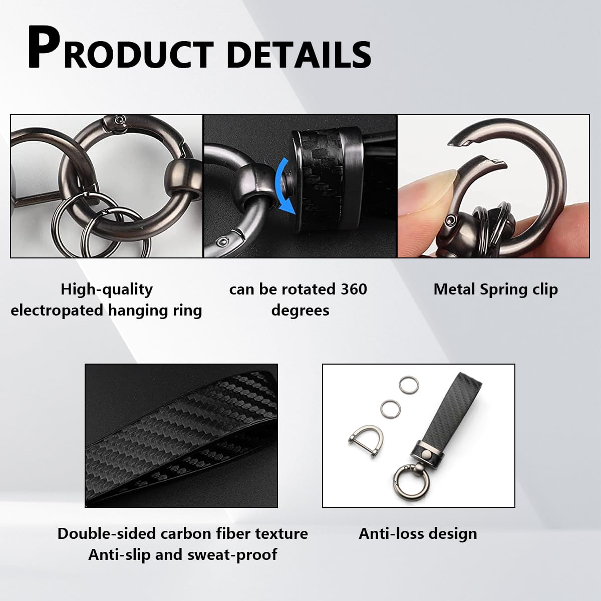 Kewucn Carbon Fiber Style Car Key Chain, Microfiber Leather Keychain, 360 Degree Rotatable Anti-Lost D-Ring Key Fob Holder (Black)