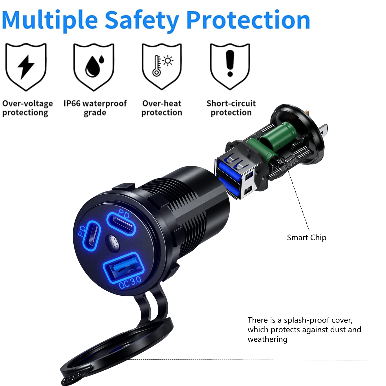 Kewig 12V Usb Outlet Car Charge, 108W Super Fast Dual Pd3.0 & Qc3.0 3-Port Multiple Usb Port For Car, Usb C Cigarette Lighter Replacement 12 Volt Socket Waterproof For Marine Motorcycle Rv Golf Cart