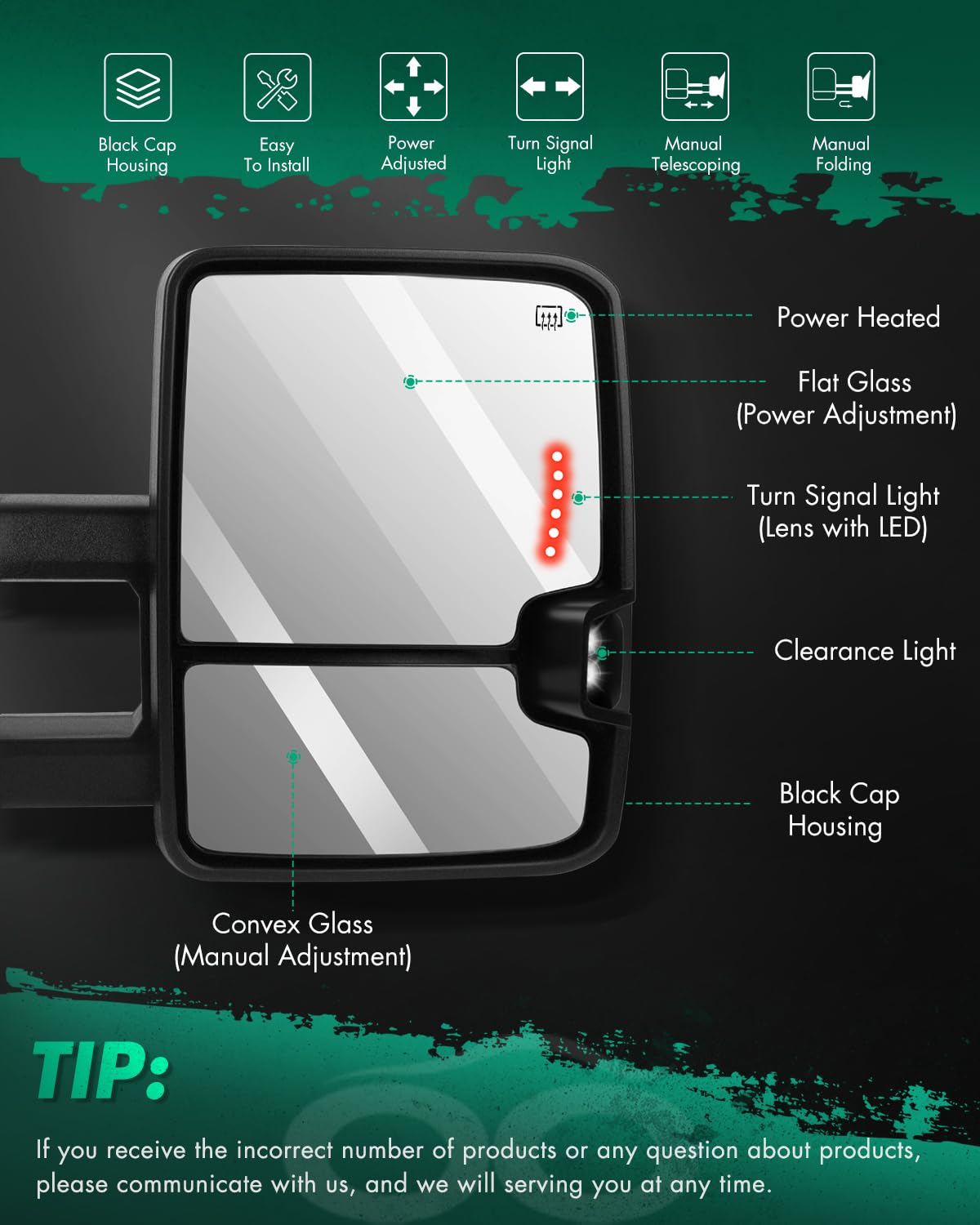 Scitoo Black Side Mirror For 99-02 For Chevy/For Gmc Silverado/Sierra Power Heated Led Turn Signal Towing Mirrors Pair Set