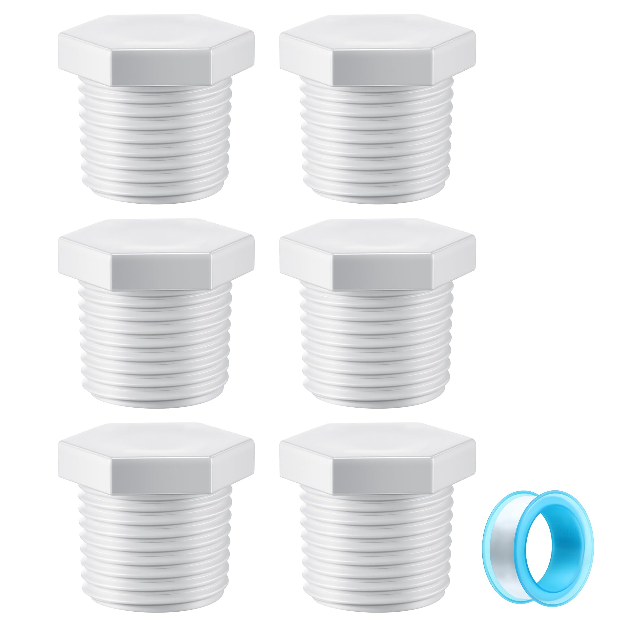 6 Pieces RV Hot Water Heater Drain Plug with Tape, 1/2 Inch NPT Drain Plug White Plastic Drain Plug, Compatible with RV Camper a