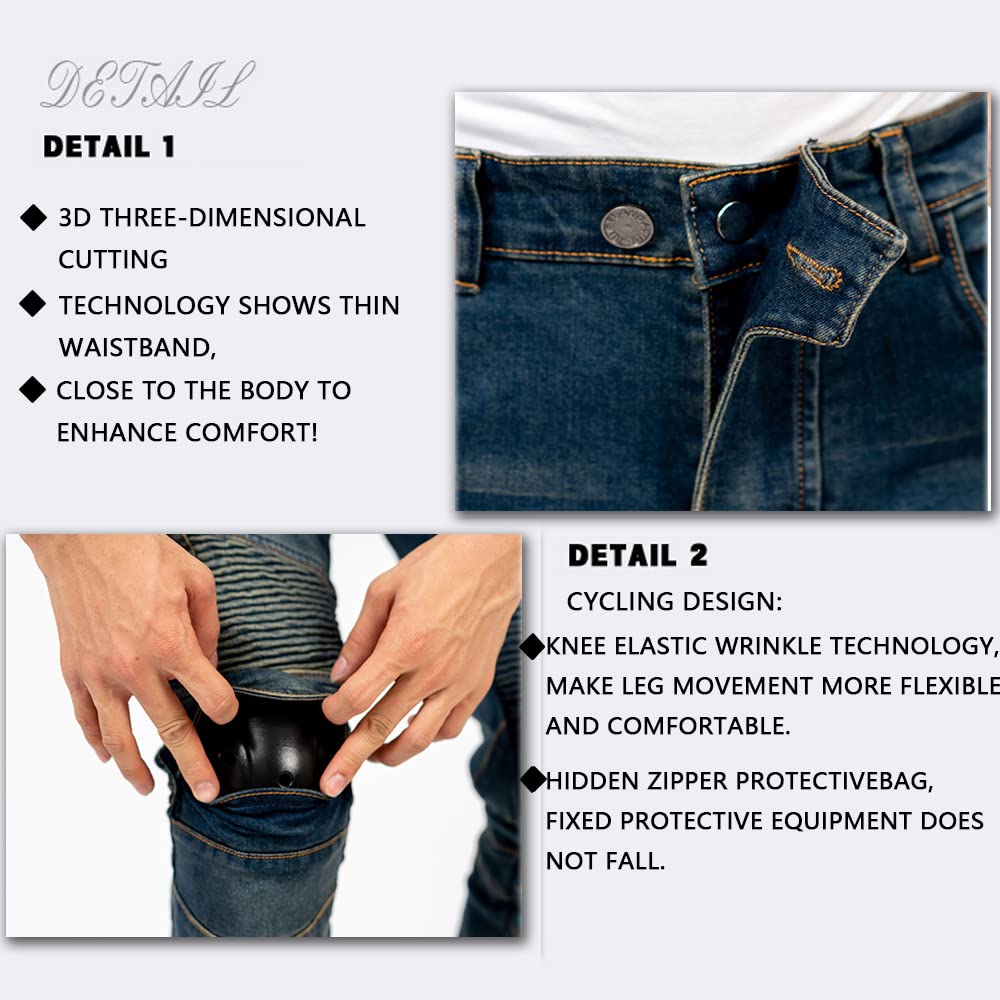 LOMENG Motorcycle Riding Pants Motorbike Motocross Cycling Jeans Safety CE Knee Hip Removable Armored All Seasons for Men Blue 2