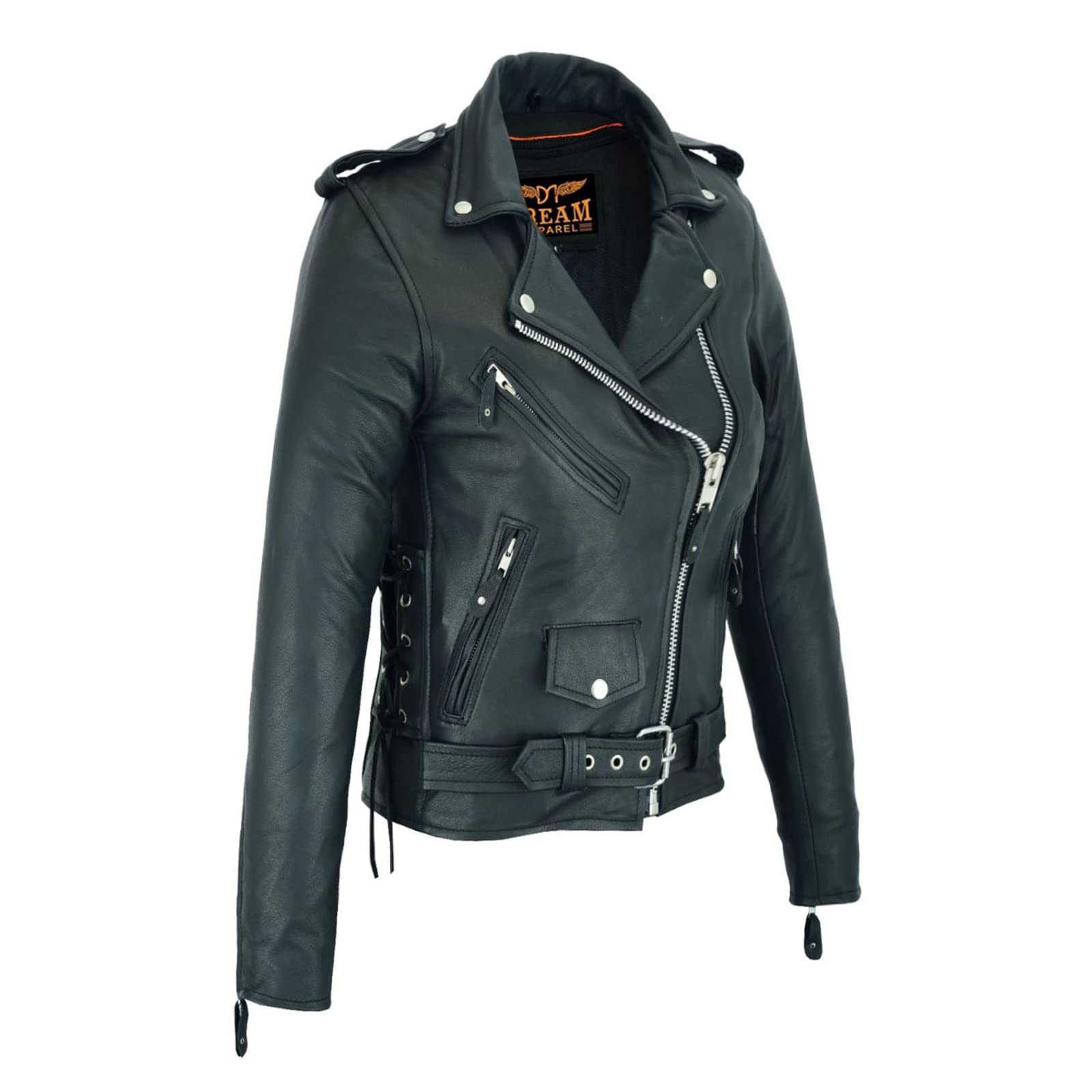 Dream Apparel Women’S Classic Leather Motorcycle Jacket With Zip Out Lining, Biker Jacket For Ladies With Side Laces (Black, Size Xs)
