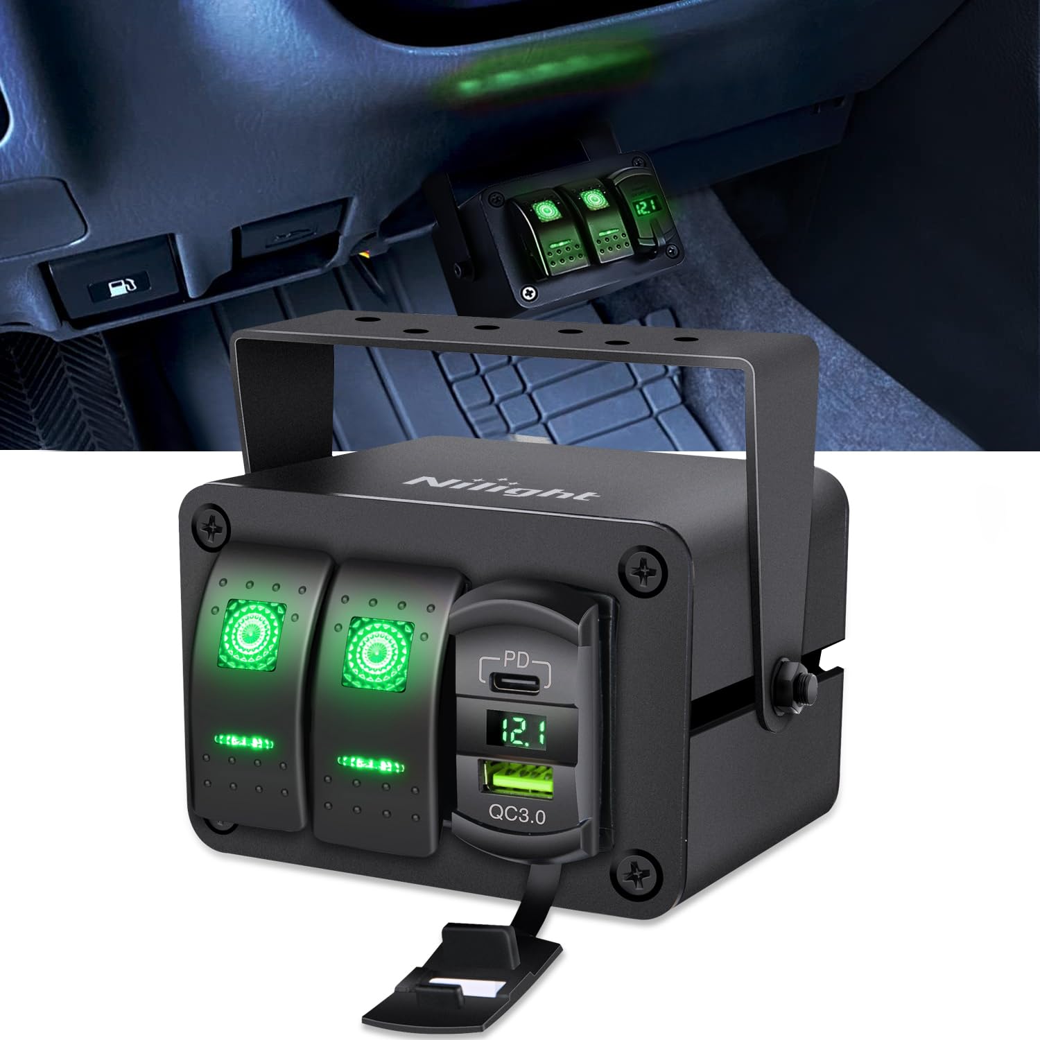 Nilight 2 Gang Rocker Switch Box 12V Spst On Off Toggle Switches Pd Type C And Qc 3.0 Usb Charger Voltmeter Led Light Waterproof