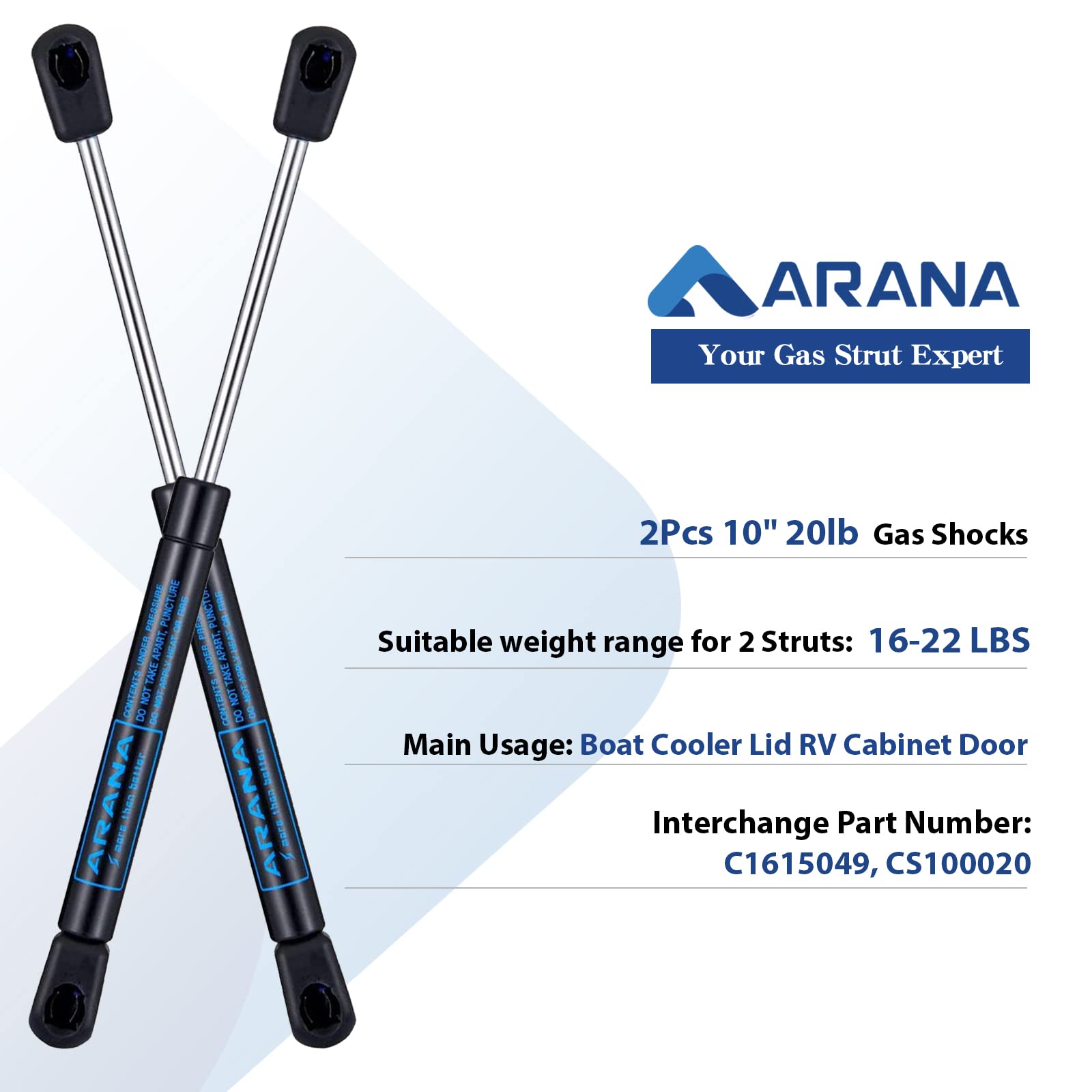 ARANA 10 inch 20LB/89N Gas Strut Shocks Lift Supports for Ranger Boat Hatch Boat Rod Locker Cooler Snap Box RV Cabinet Door Caml