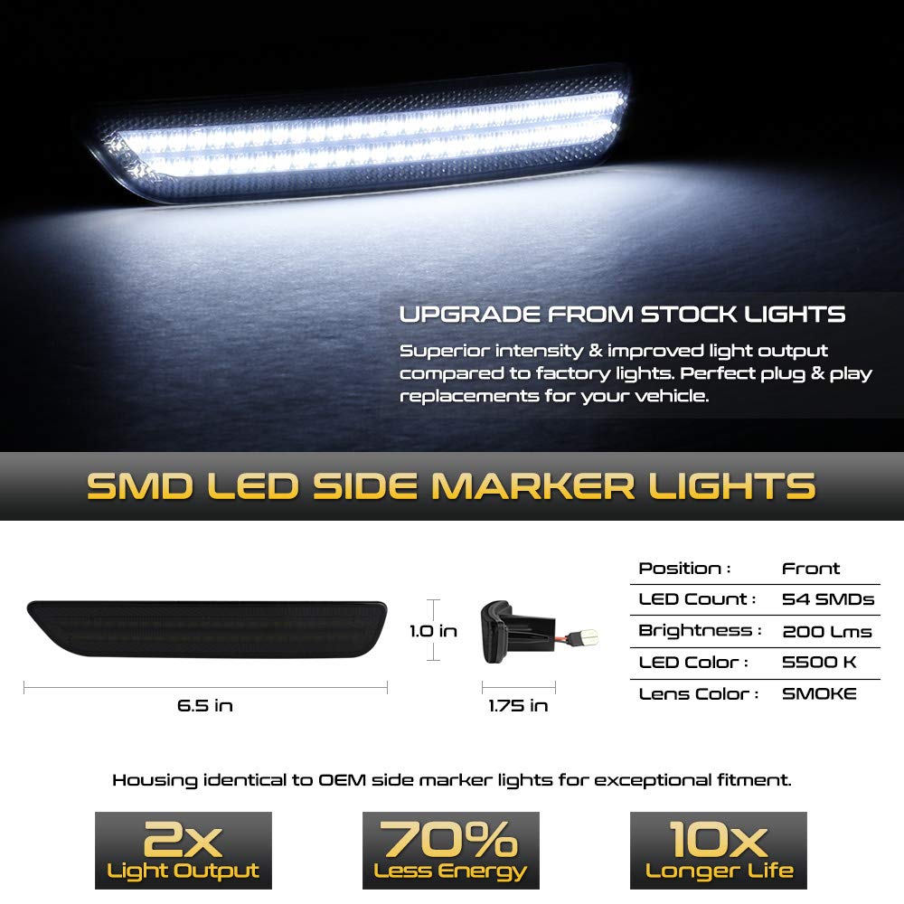 Vipmotoz Full White Led Smoke Lens Front Side Marker Light Parking Lamp For 2010-2014 Ford Mustang S197, Driver & Passenger Side