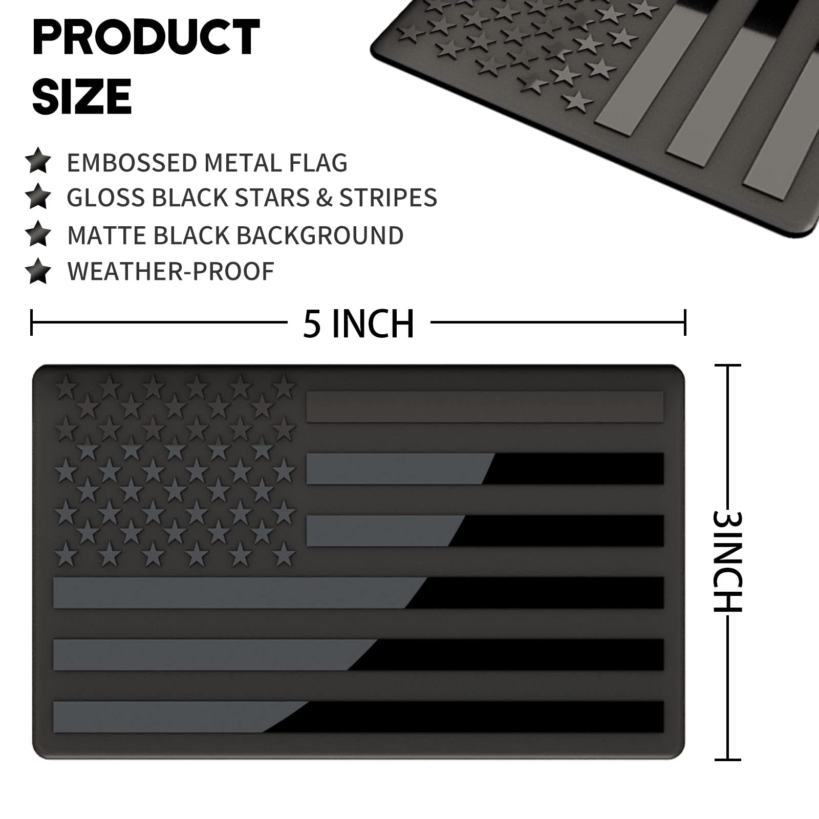 Embossed 3D Metal All Black American Flag Emblem Decal Stickers (2 Pairs), Matte Black 5' X 3' Patriotic Usa Us Flag Car Decals Bumper Stickers For Truck, Window, Motorcycle, Support Us Military