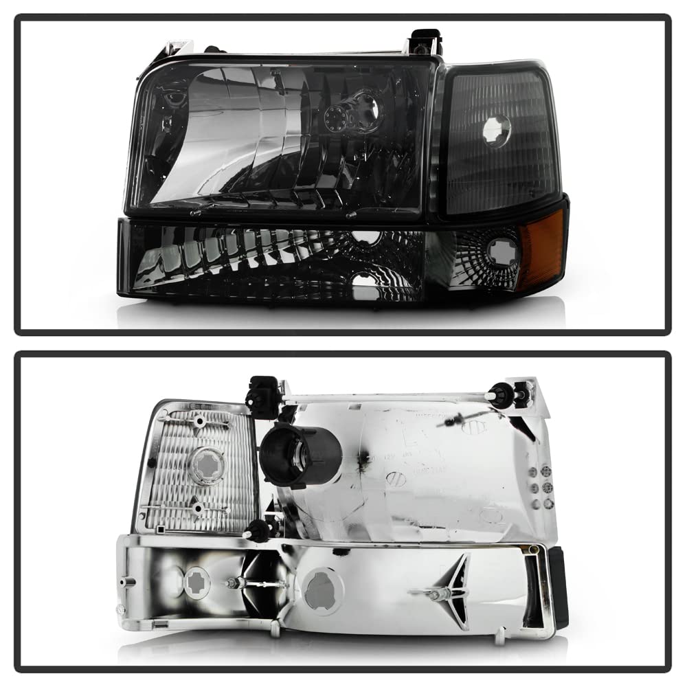 Acanii - For Black Smoked 1992-1996 F150 F250 Bronco Headlights +Bumper+Corner Lamps 92-96 Driver + Passenger Side