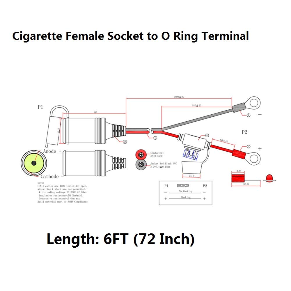 Sparking 6Ft Car Female Cigarette Lighter Plug Socket To Eyelet Terminals 12V Extension Cable With 15A Fuse(6Ft)