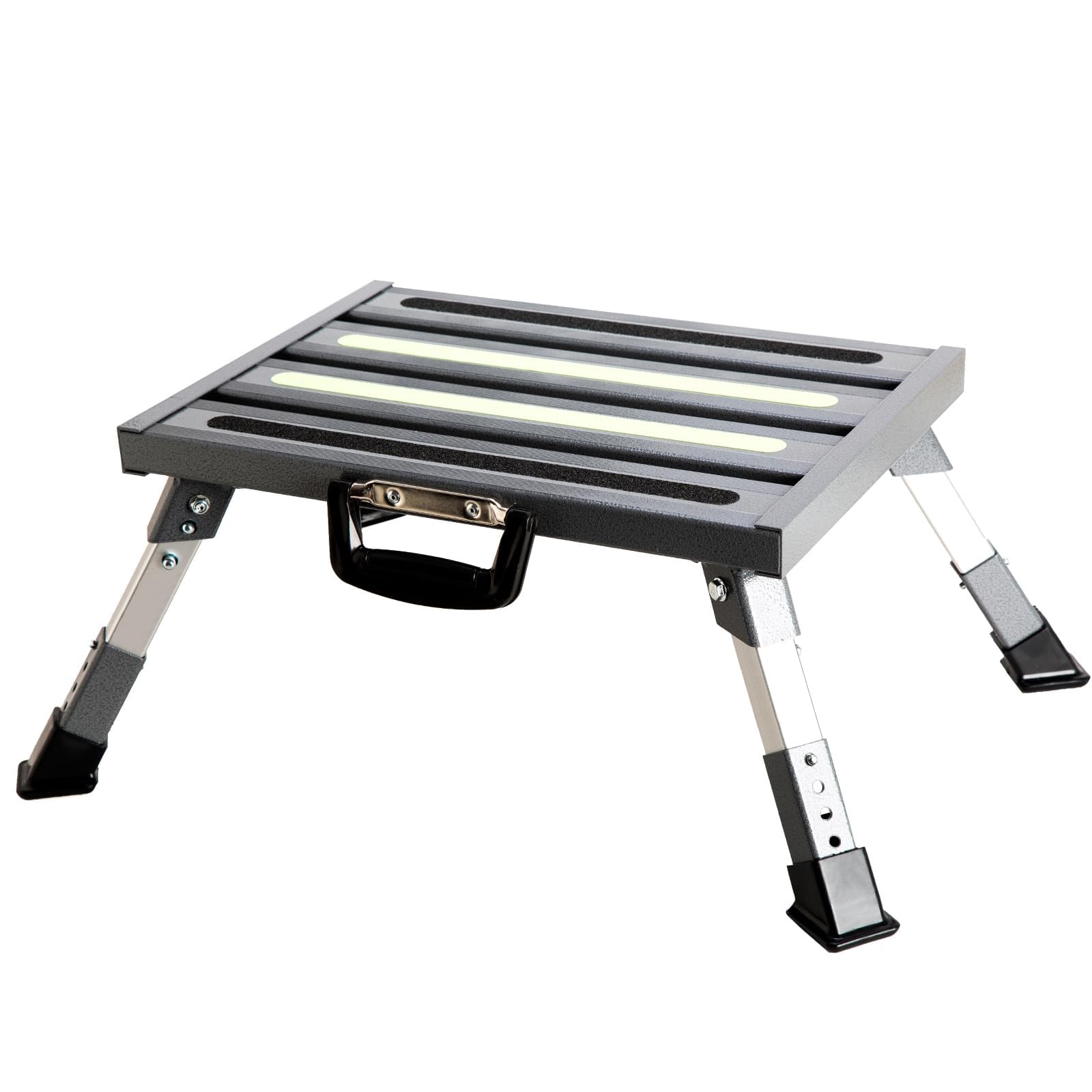 Garfatolrv Rv Steps, 4-Level Adjustable Height Folding Camper Steps, Grey Hammer-Tone Non-Slip Fluorescent Strip Aluminum Platfo
