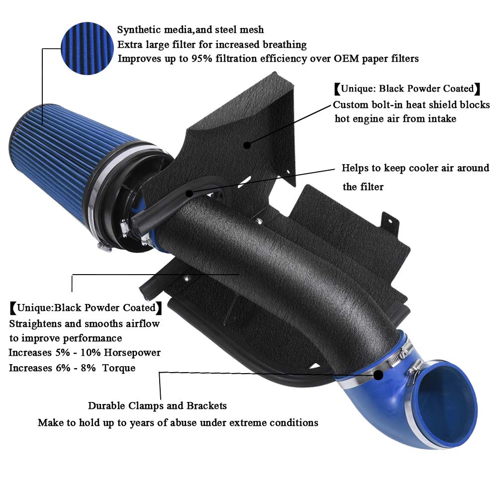 Moosun 4 Inch Cold Air Intake Black Tube + Heat Shield For 1999-2006 Gmc/Chevy V8 4.8L/5.3L/6.0L Silverado 1500/2500/3500 Blue