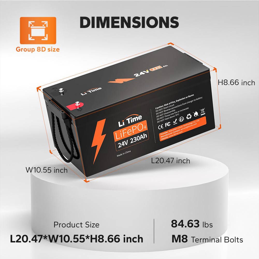 Litime 24V 230Ah Max Lifepo4 Battery Bci Group 8D Lithium Battery, 5888W Energy & 5120W Continuous Output Power, Ip65 Protection