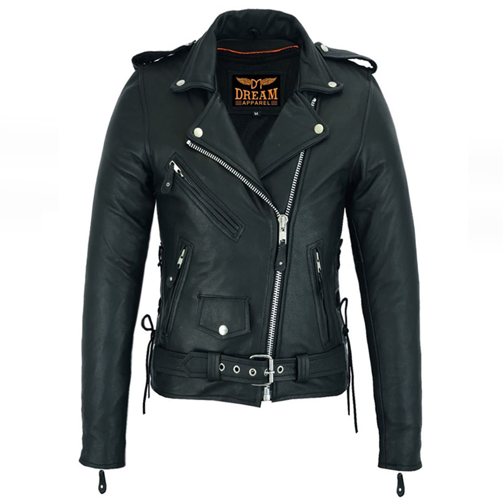 Dream Apparel Women’S Classic Leather Motorcycle Jacket With Zip Out Lining, Biker Jacket For Ladies With Side Laces (Black, Size Xl)