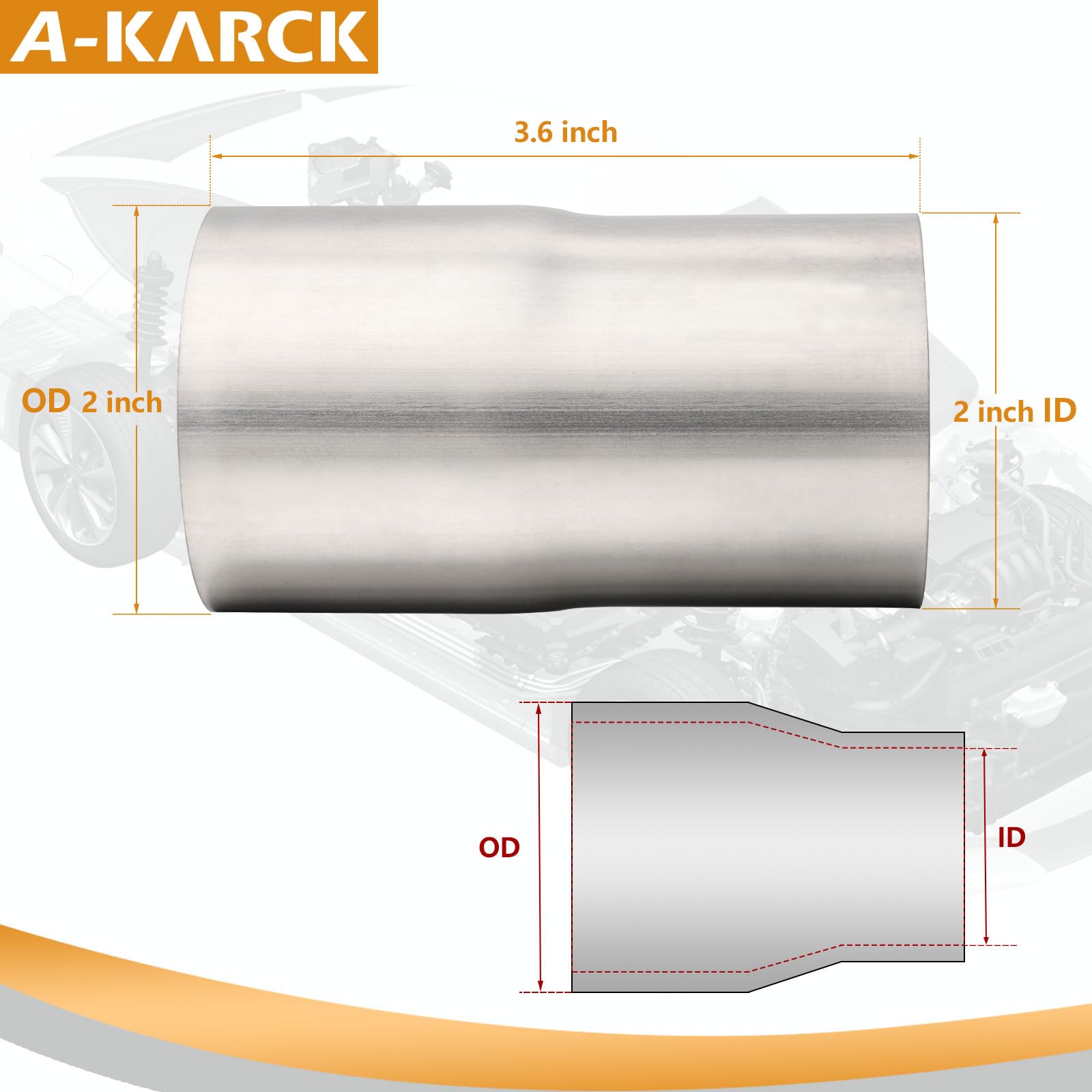 A-KARCK Stainless Steel Exhaust Adapter 2'' ID to 2'' OD, Engine Exhaust Pipe Reducer 3.6'' Overall Length