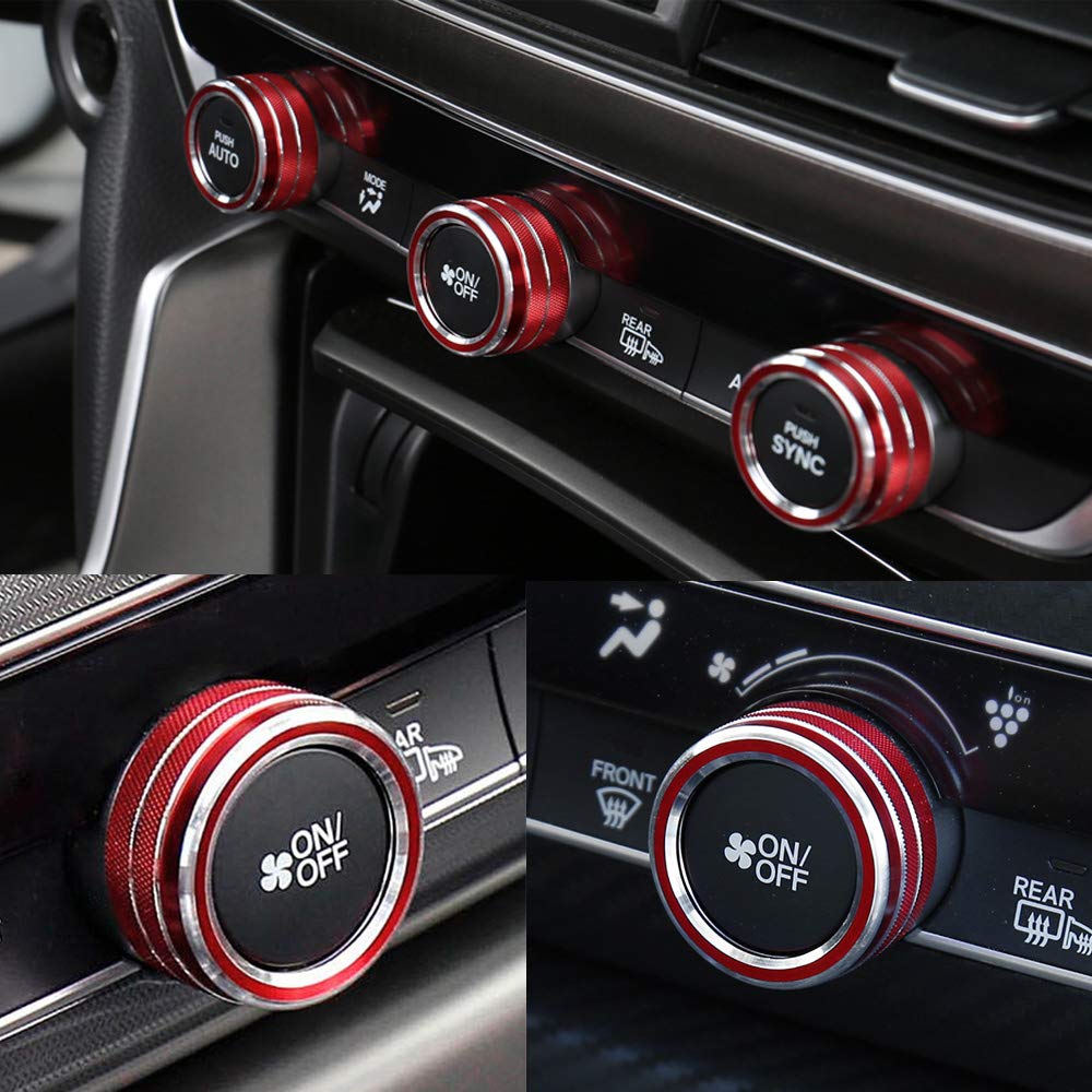 Thor-Ind 5Pcs Aluminum Car Centre Console Ac Air Conditioning Knob Sound Volume Knob Cover Trim For 10Th Honda Accord Sedan Sport Ex Ex-L Lx 2018 2019 2020 2021 (Red)