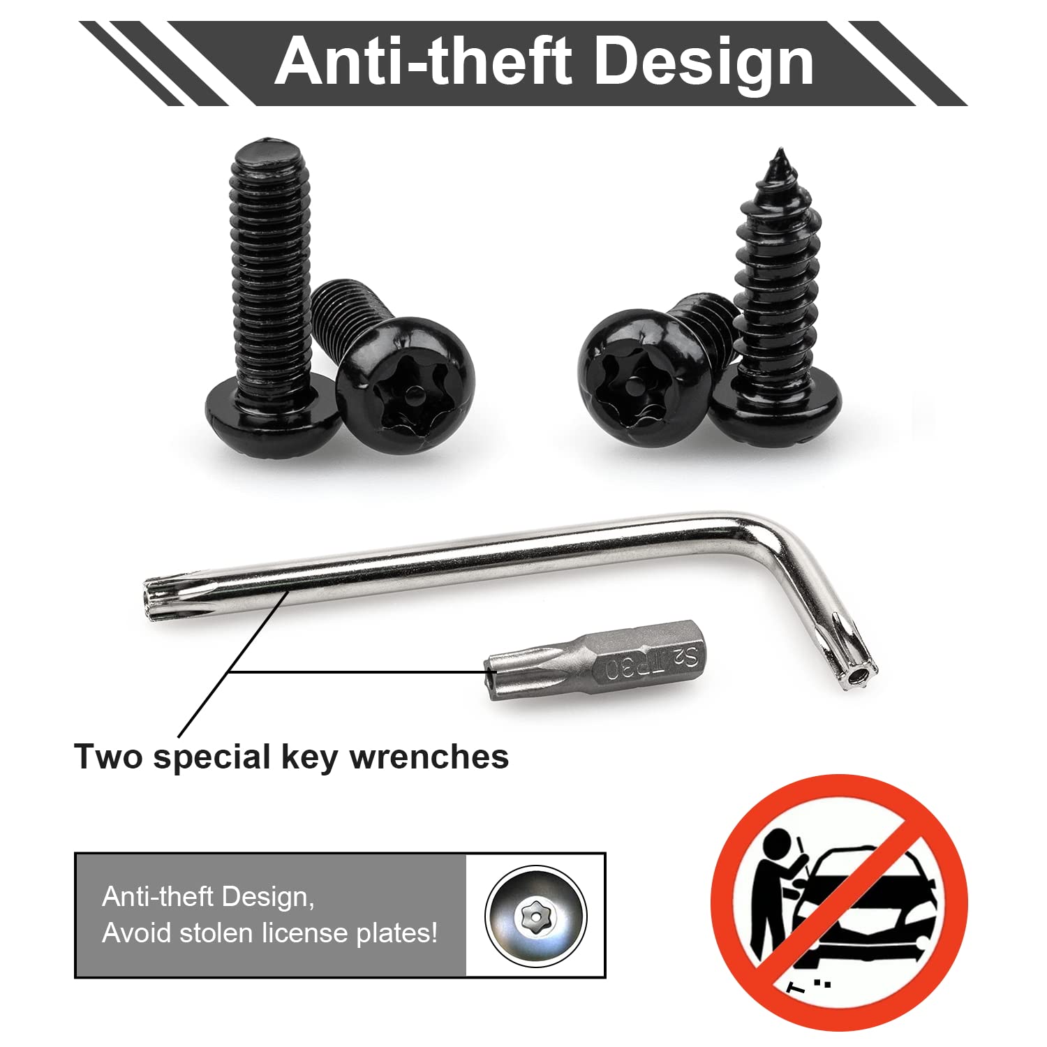 License Plate Screws Kits, Black Anti Theft Mounting Hardware For Car Tag Plate Frames Covers, M6 (1/4'') Tamper Proof Screws, F