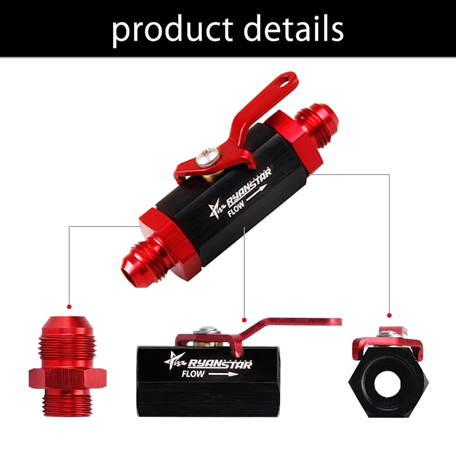 Ryanstar AN6 Fuel Shut Off Valve 6AN to 6AN Male Fitting Aluminum Anodized Black&Red