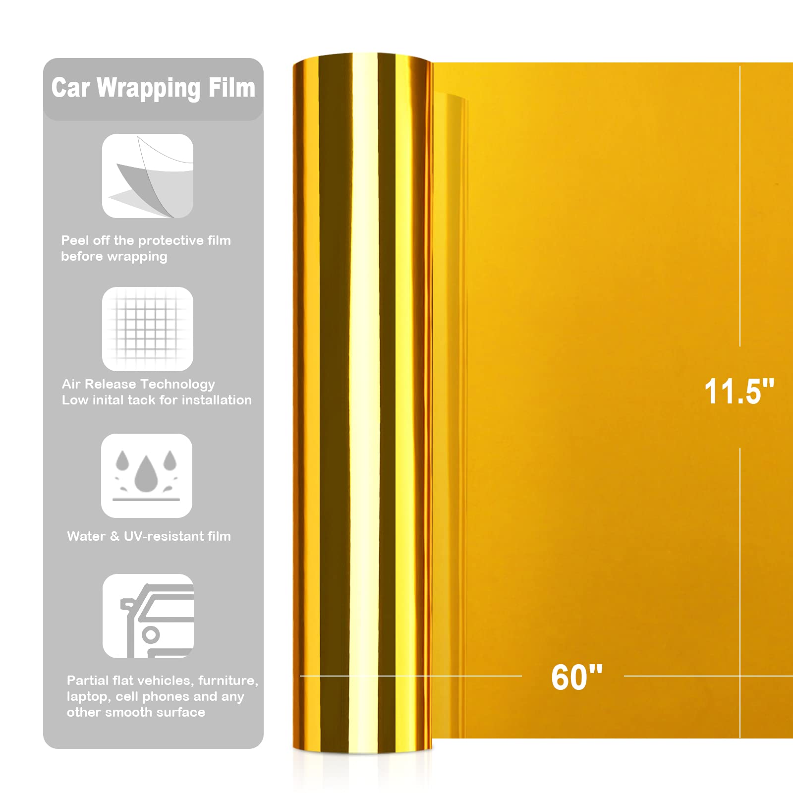 Teckwrap 11.5X 60 Chrome Mirror Gold Vinyl Wrap Self Adhesive Car Sticker