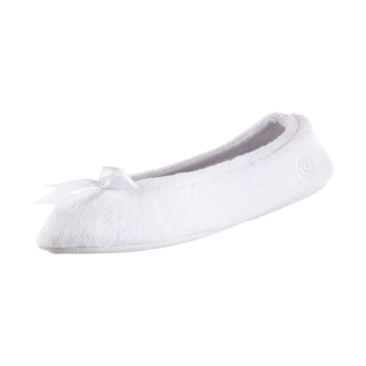 Isotoner Womens Terry Ballerina Slipper With Bow For Indooroutdoor Comfort, White, 5-6