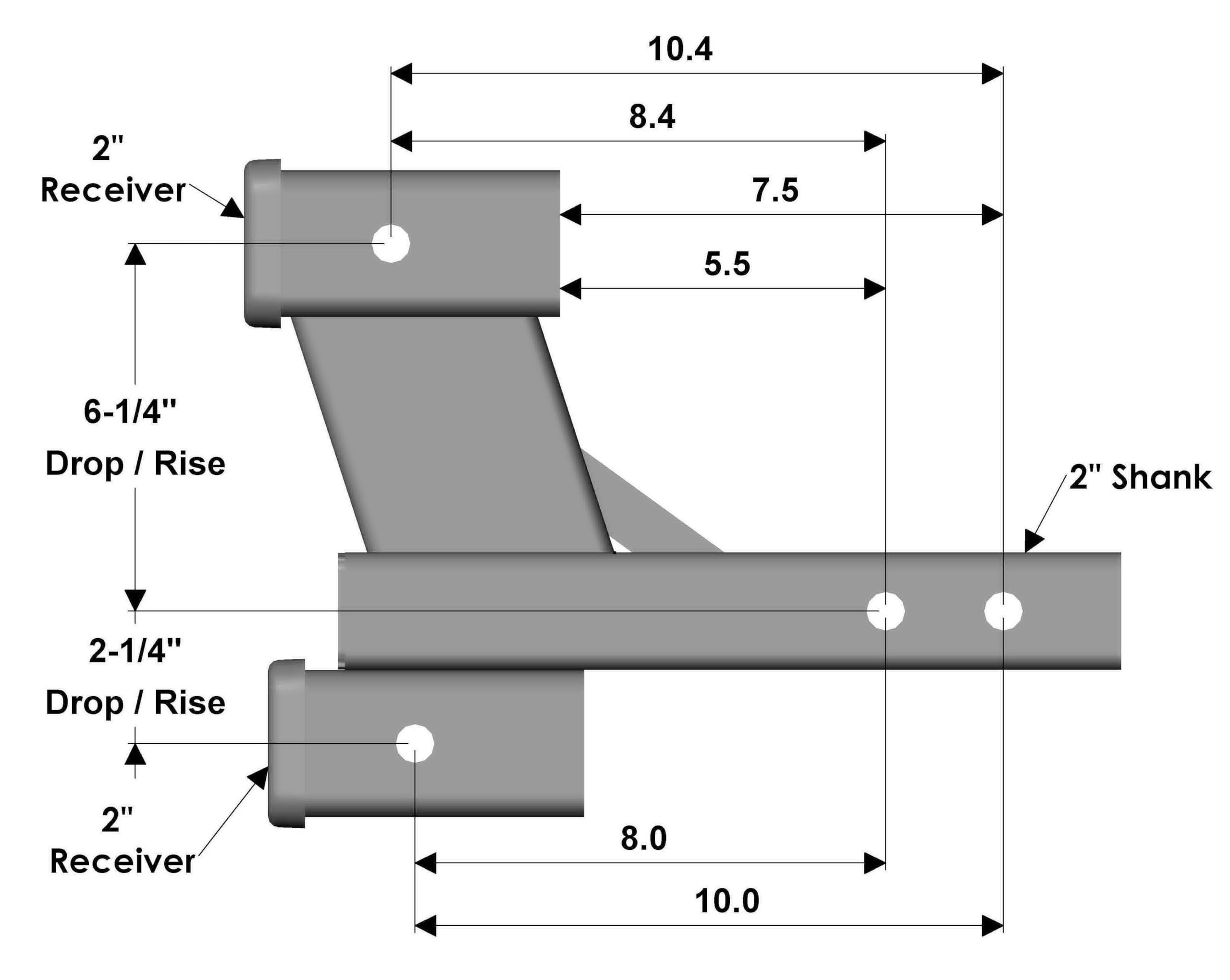 Toptow Trailer Hitch Dual Hitch Extender, 2 1/4-Inch & 6 1/4-Inch Rise/Drop, 2-Inch Receiver, 2-Inch Hitch Tube, 7500Lbs Tow Hit
