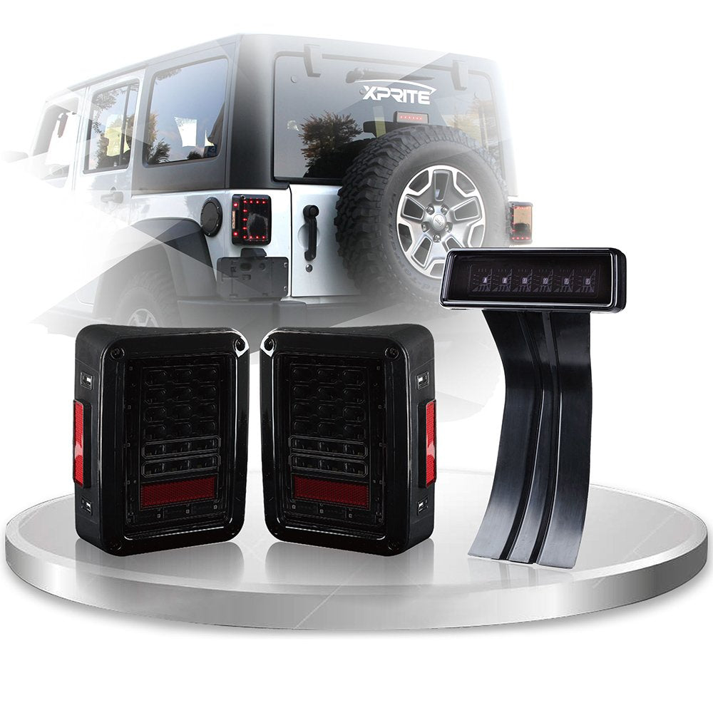 Xprite Smoked Lens Red Led Tail Lights W/Turn Signal & Back Up & Smoke 3Rd Led Brake Light Assembly Compatible With Jeep Wrangle