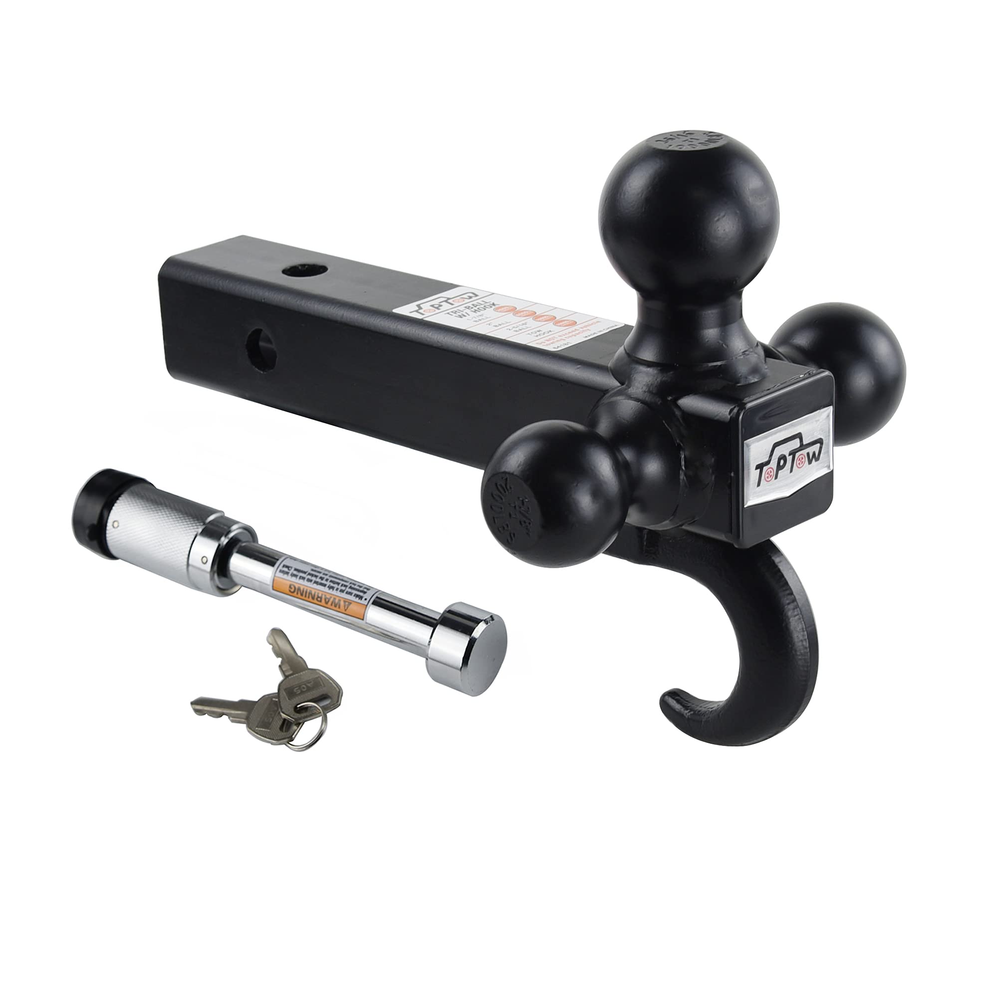 Toptow 64181L Trailer Receiver Hitch Triple Ball Mount With Hook, Black Balls, With Lock, Fits For 2 Inch Receiver
